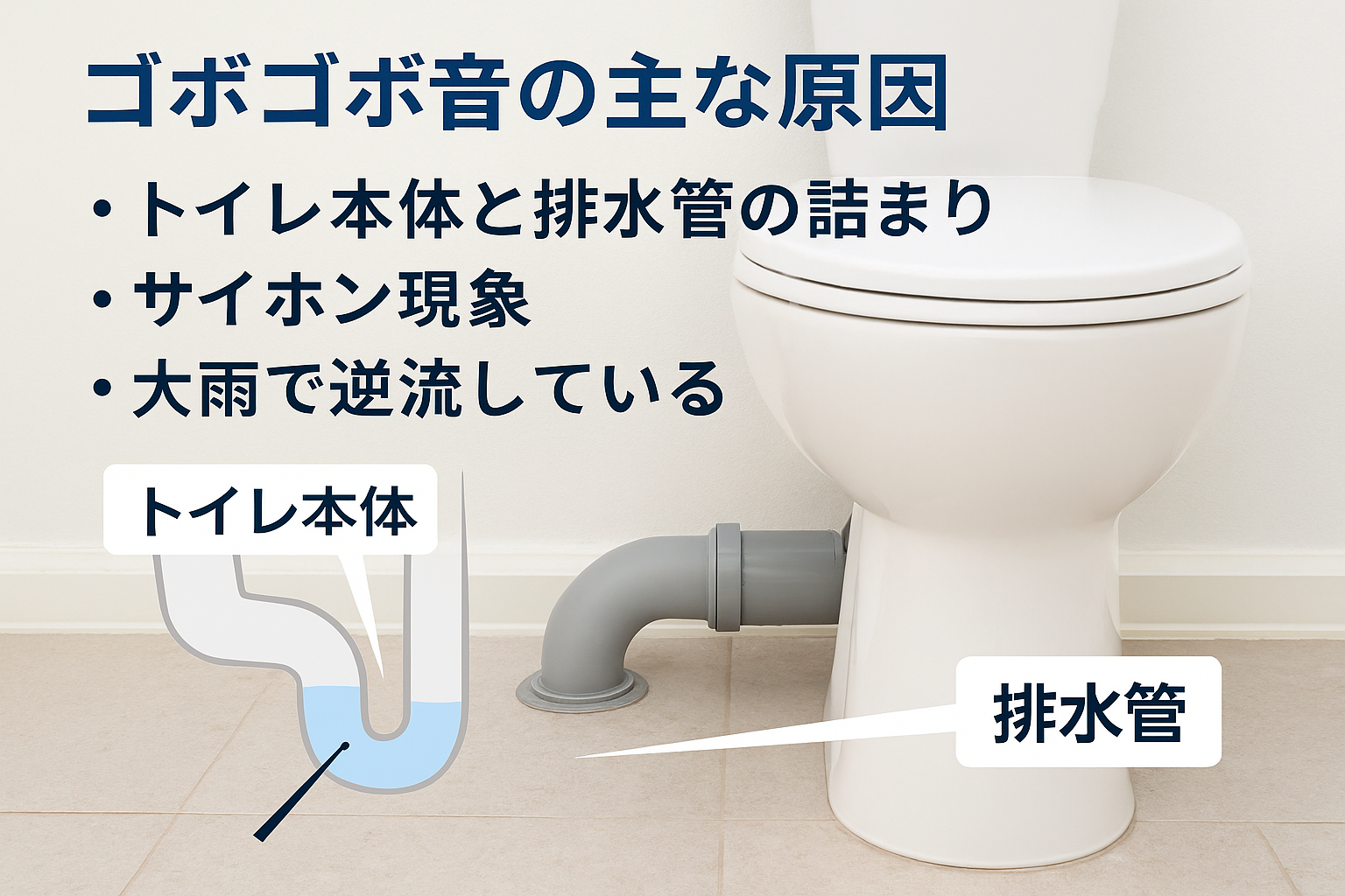トイレ本体や排水管の詰まり・サイホン現象・大雨による逆流など主な原因