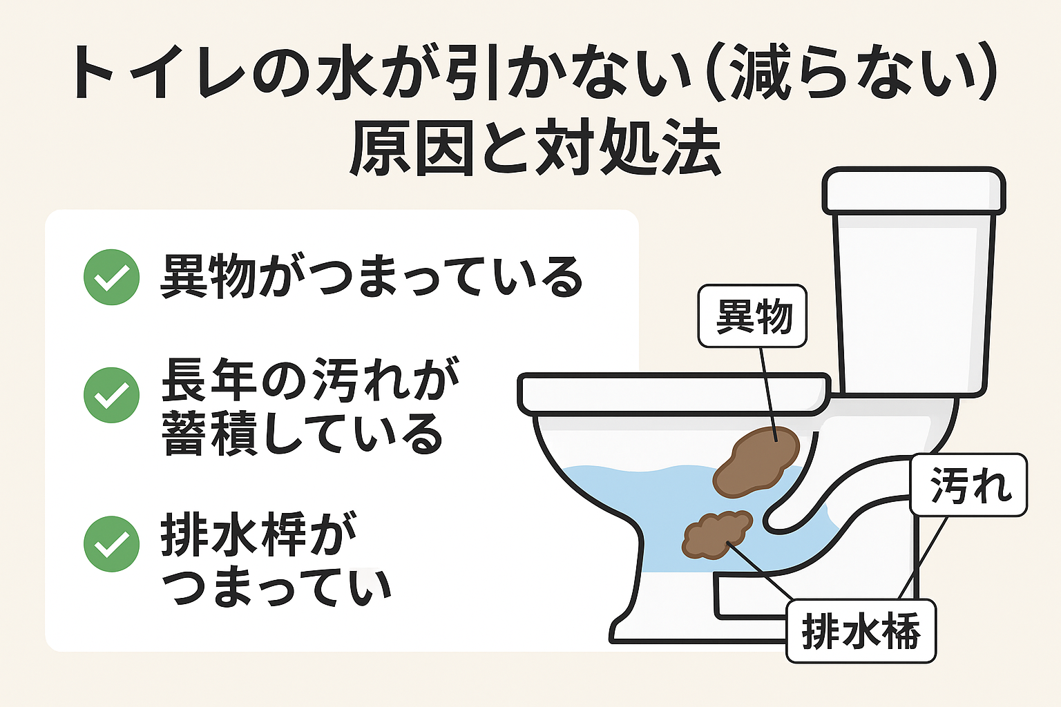 トイレの水が引かない（減らない）原因と対処法