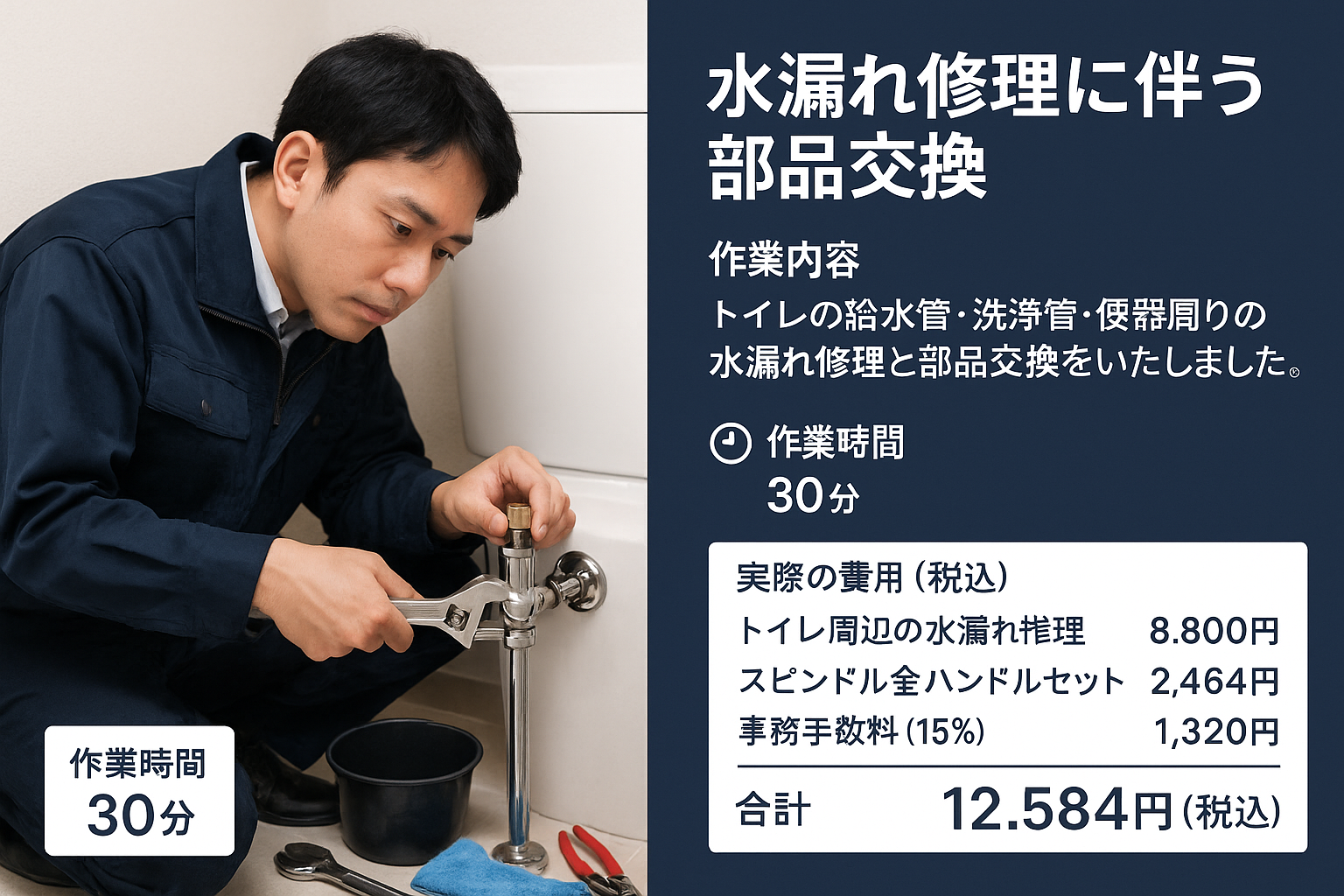 🚰 水漏れ修理に伴う部品交換｜トイレ給水・洗浄管・便器周りの作業内容内訳