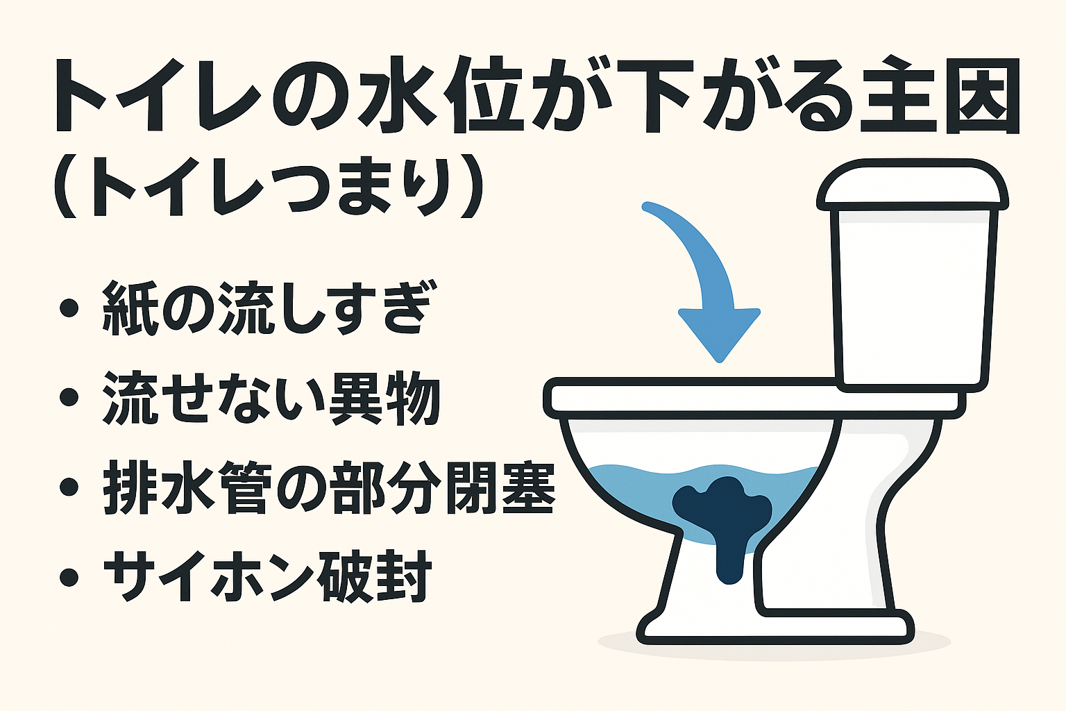 トイレの水位が下がる主因（トイレつまり／トイレ詰まり）