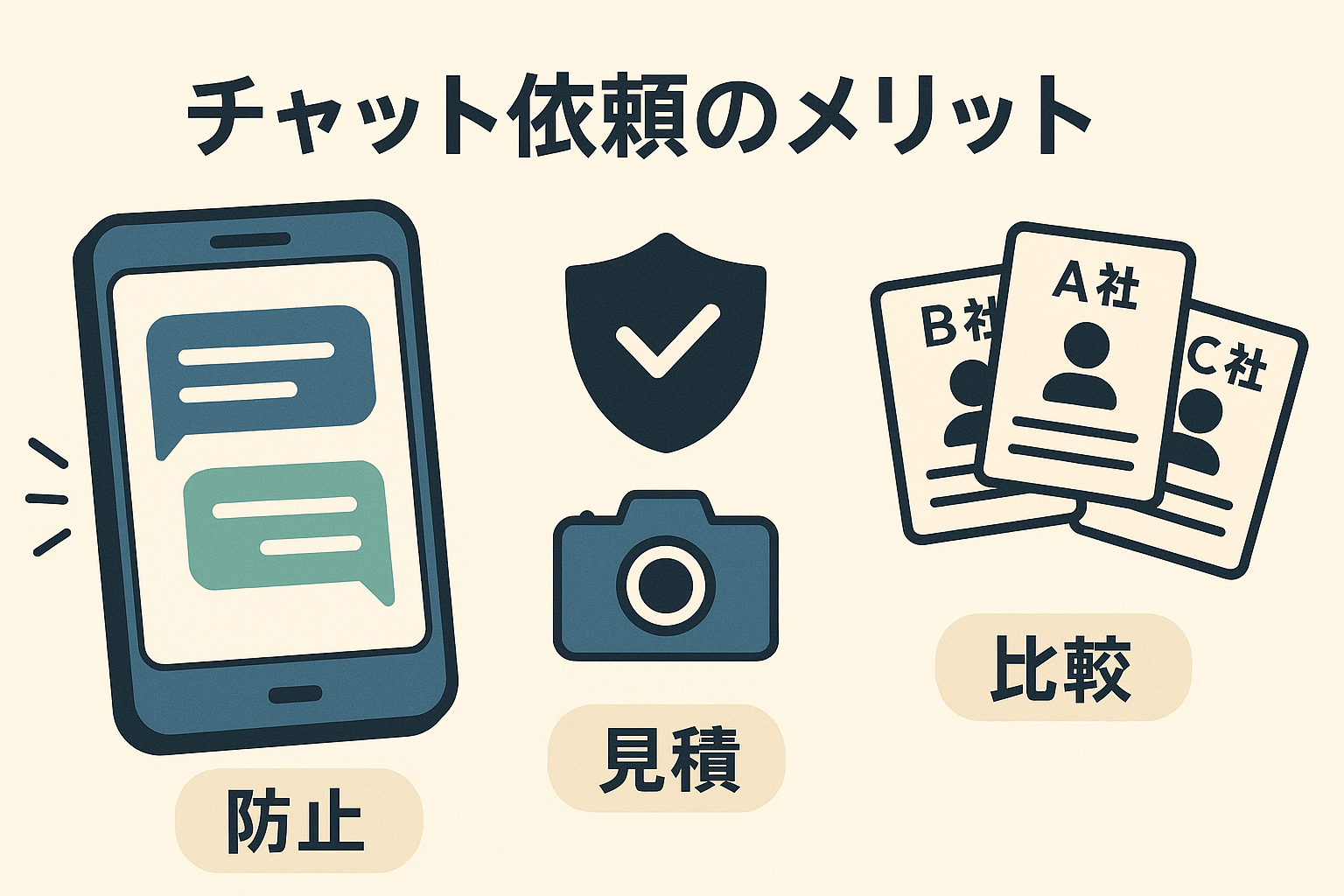 チャット依頼のメリット（詐欺防止／画像見積もり／複数社比較）