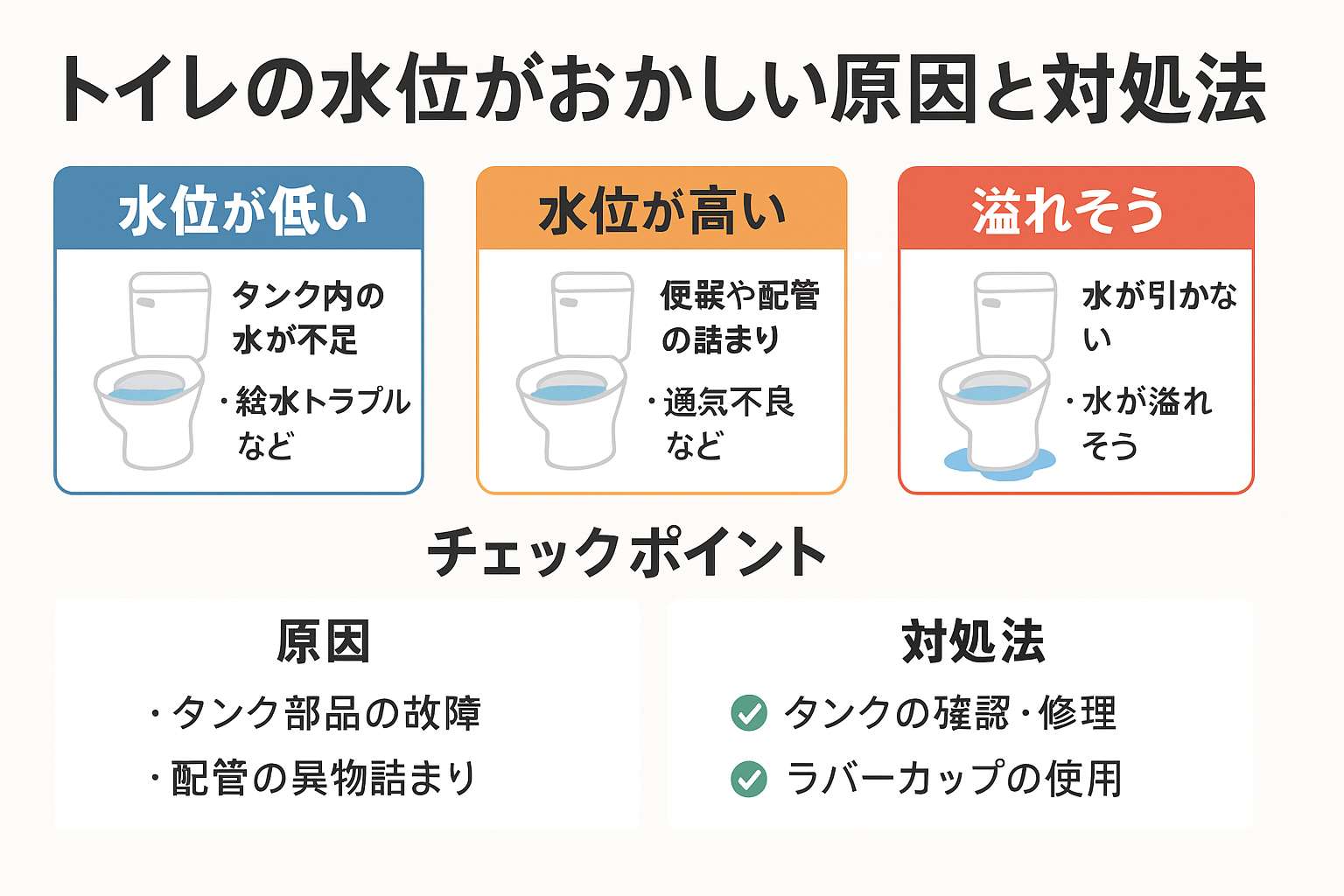 トイレの水位がおかしい原因と対処法🚽｜水位が低い・高い・溢れそうなときのチェックポイント