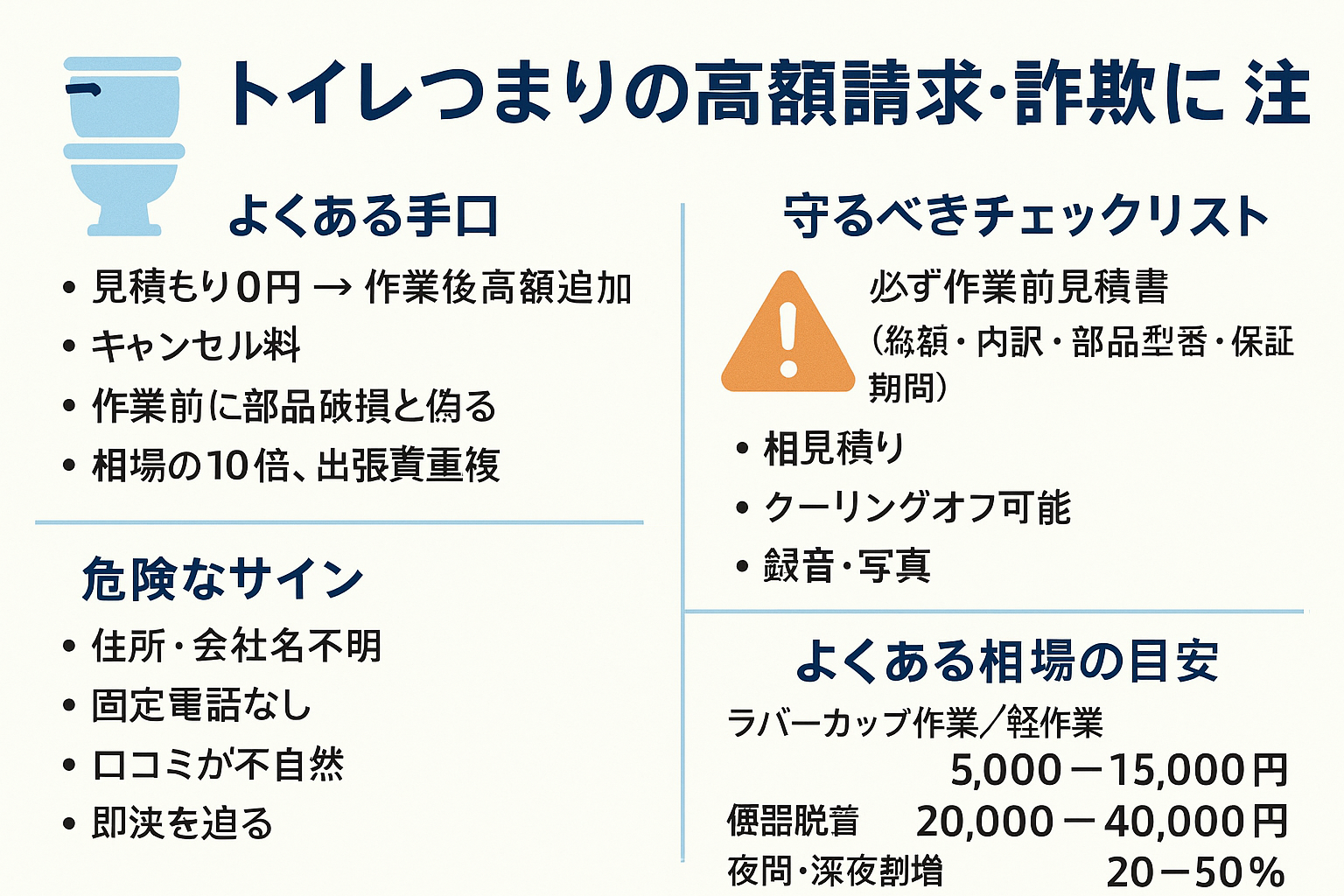トイレつまり詐欺、高額請求のまとめ（要点だけ）
