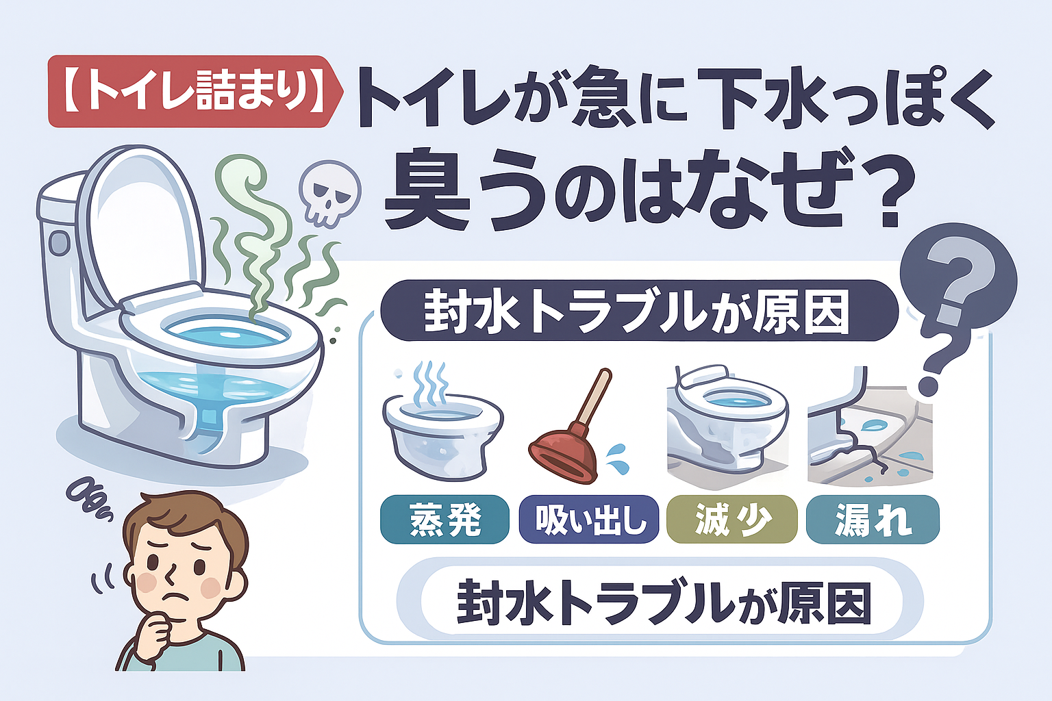 【トイレ詰まり】トイレが急に下水っぽく臭うのはなぜ?「封水トラブル」原因4つと見分け方