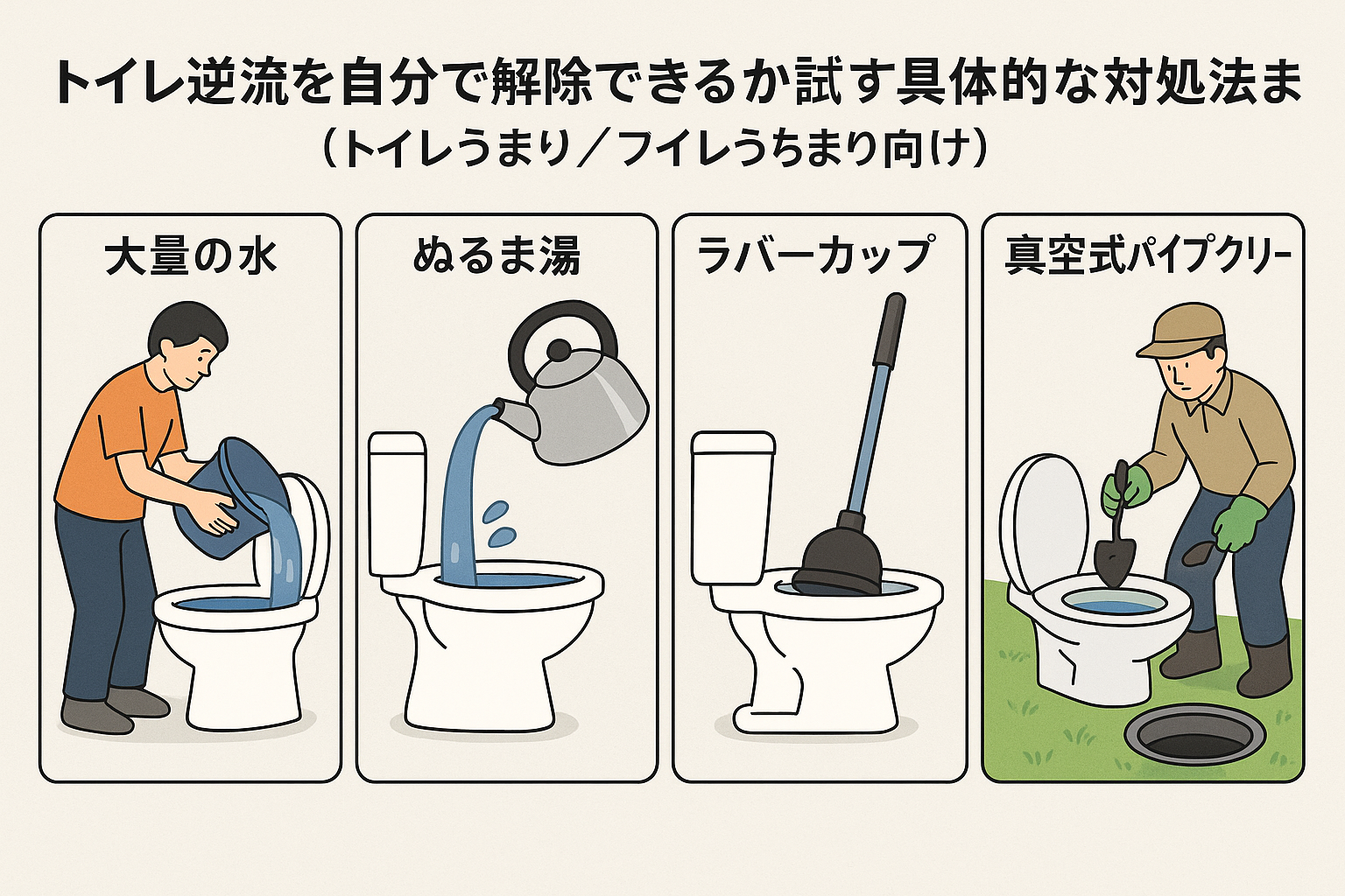 トイレ逆流を自分で解除できるか試す具体的な対処法まとめ（トイレつまり／トイレ詰まり向け）