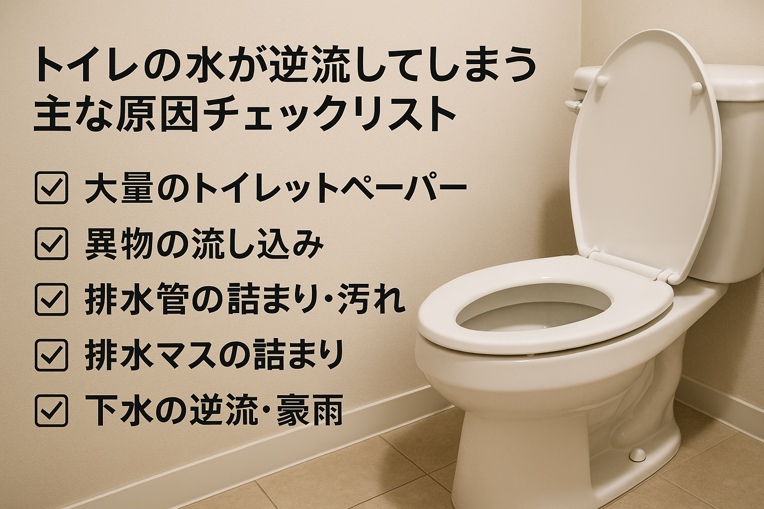 トイレの水が逆流してしまう主な原因チェックリスト（トイレつまり／トイレ詰まり対策）