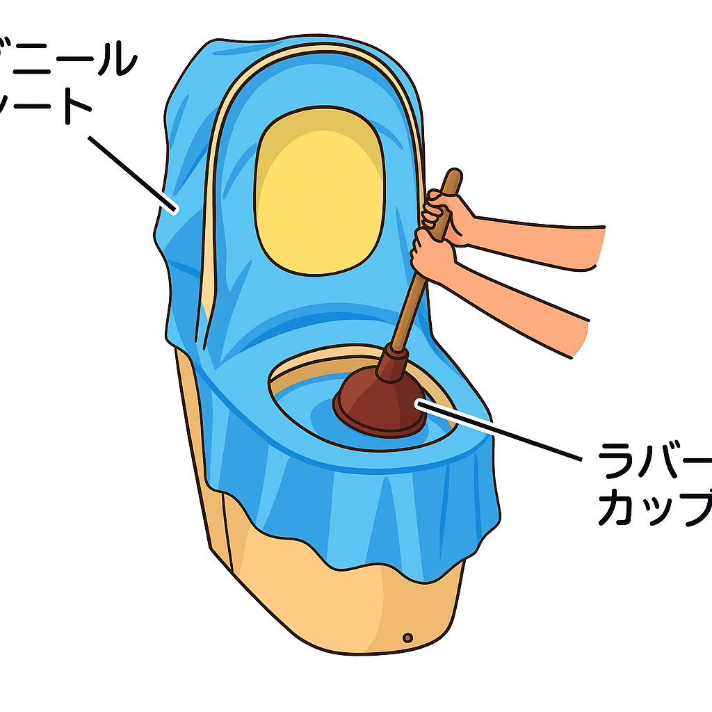 ✅② ビニールシートで便器を覆う（飛び散り防止対策）