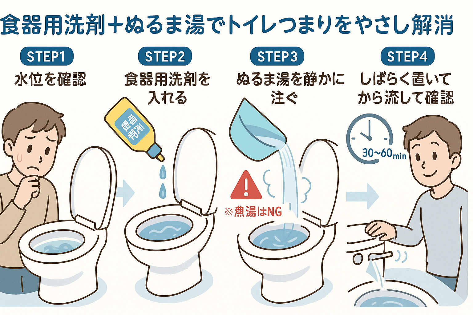 トイレつまり（トイレ詰まり）を「食器用洗剤＋ぬるま湯」でスルッと流れやすくする方法