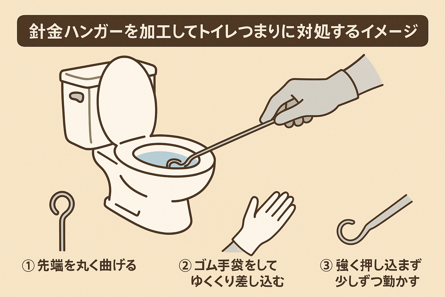 針金ハンガーを加工してトイレつまり（トイレ詰まり）に対処する方法