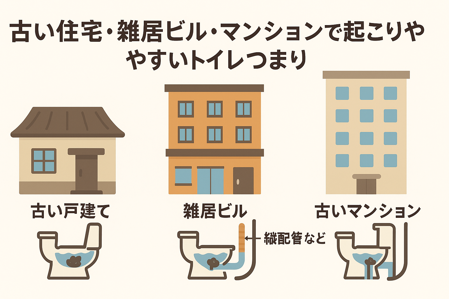 古い住宅・雑居ビル・マンションで起こりやすいトイレつまり（トイレ詰まり）