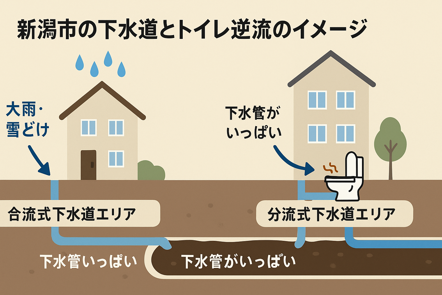 新潟市の下水道方式とトイレつまり（トイレ詰まり）の逆流トラブル