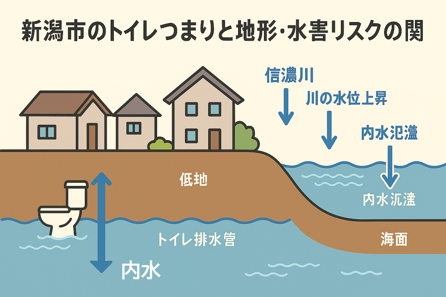 新潟市のトイレ詰まりと地形・水害リスクとトイレつまり（トイレ詰まり）の関係