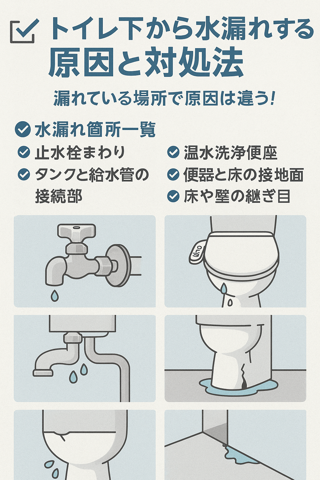 ✅ トイレ下から水漏れする原因と対処法🚽｜漏れている場所で原因は違う！
