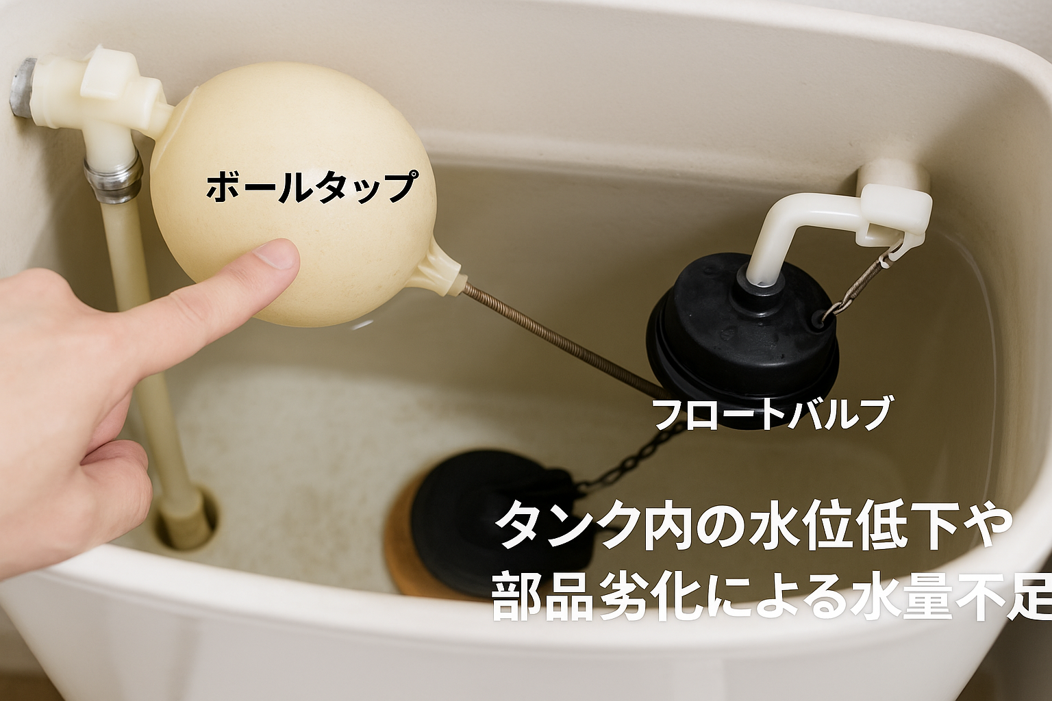 タンク内の水位低下や部品劣化による水量不足