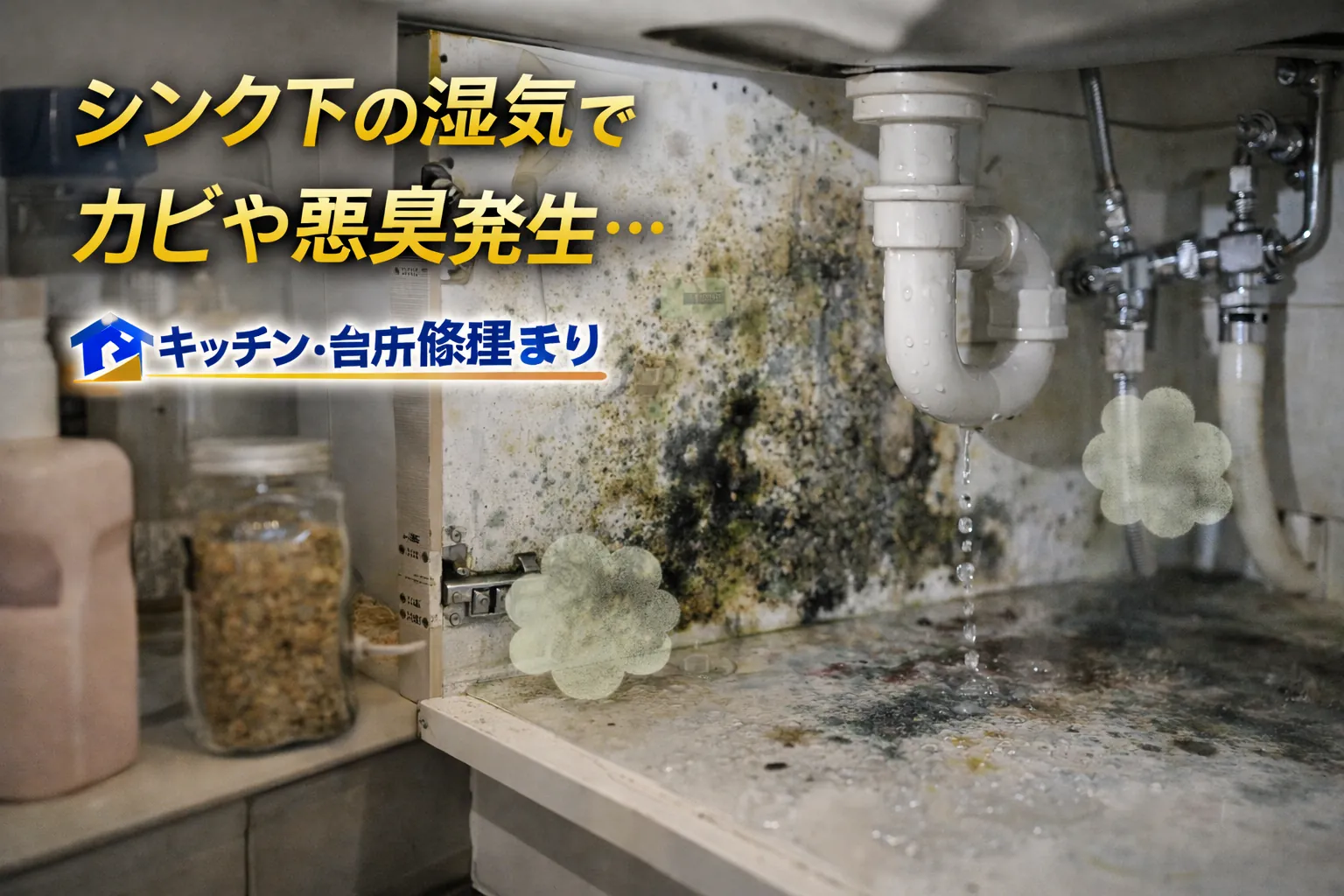 シンク下に湿気がこもり、カビやニオイが発生しやすくなる