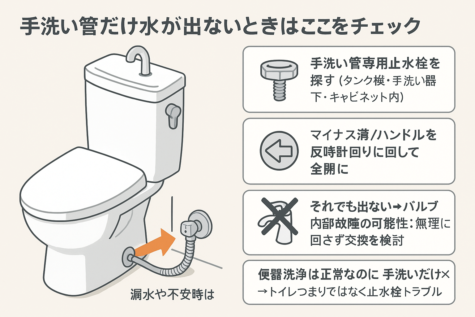 トイレの手洗い管用止水栓やバルブが閉まっている・故障している