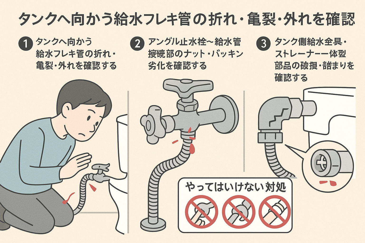 トイレの給水管の破損を確認する
