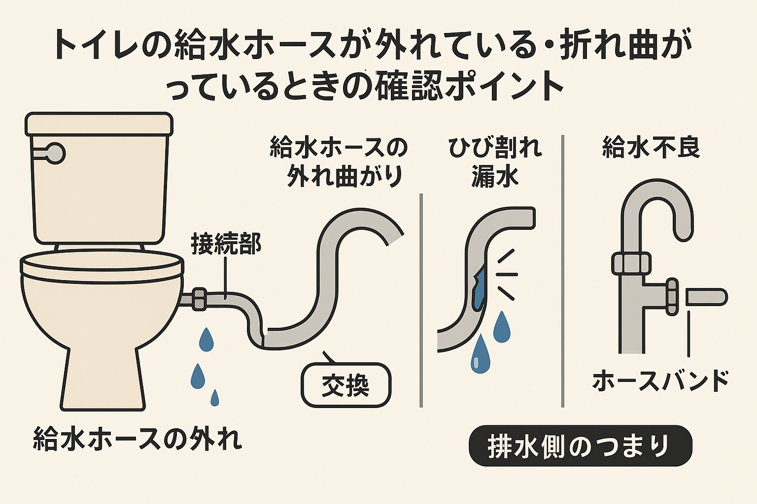 トイレの給水ホースが外れている・折れ曲がっている