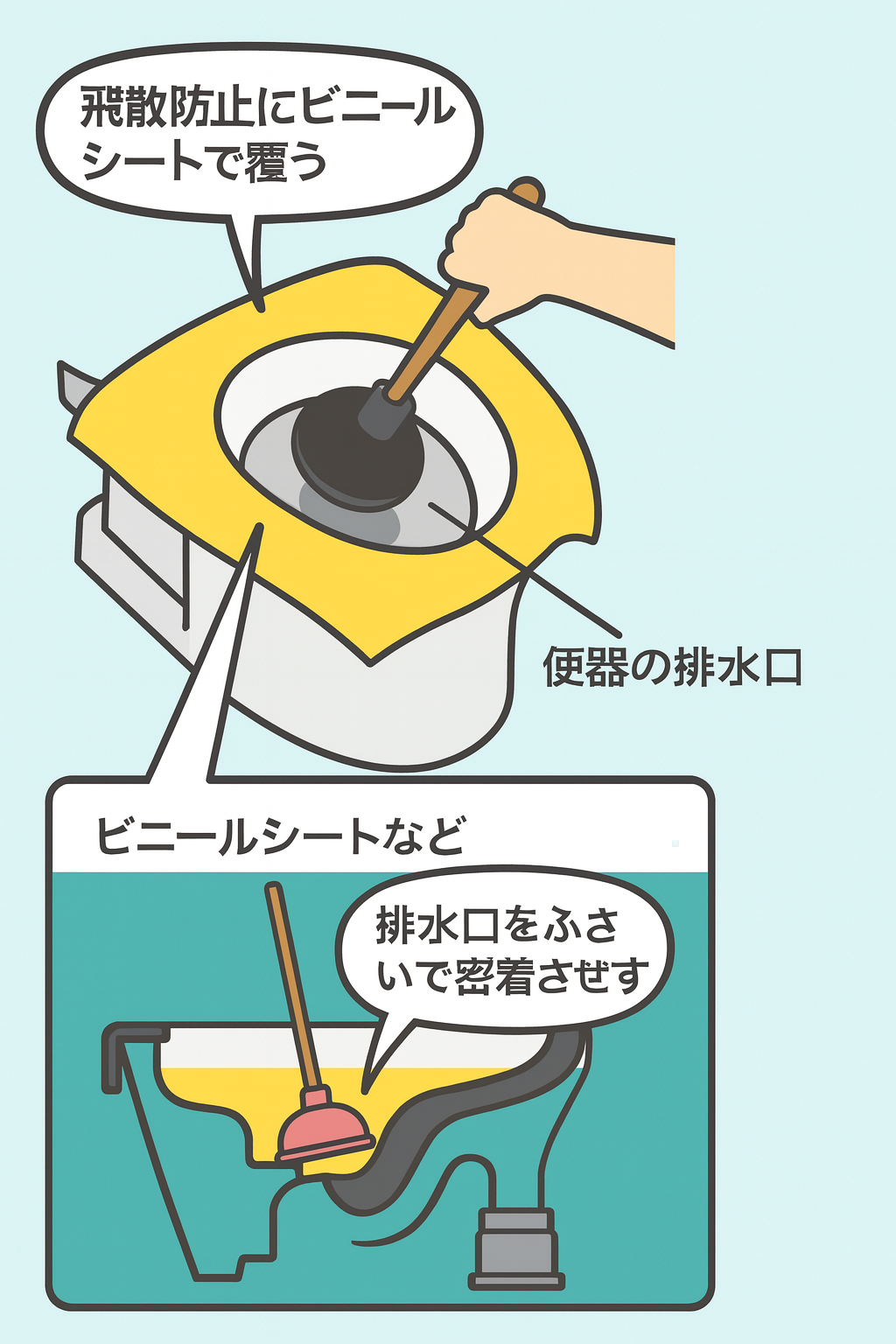 飛散防止のため、ビニールシートで便器を覆う方法