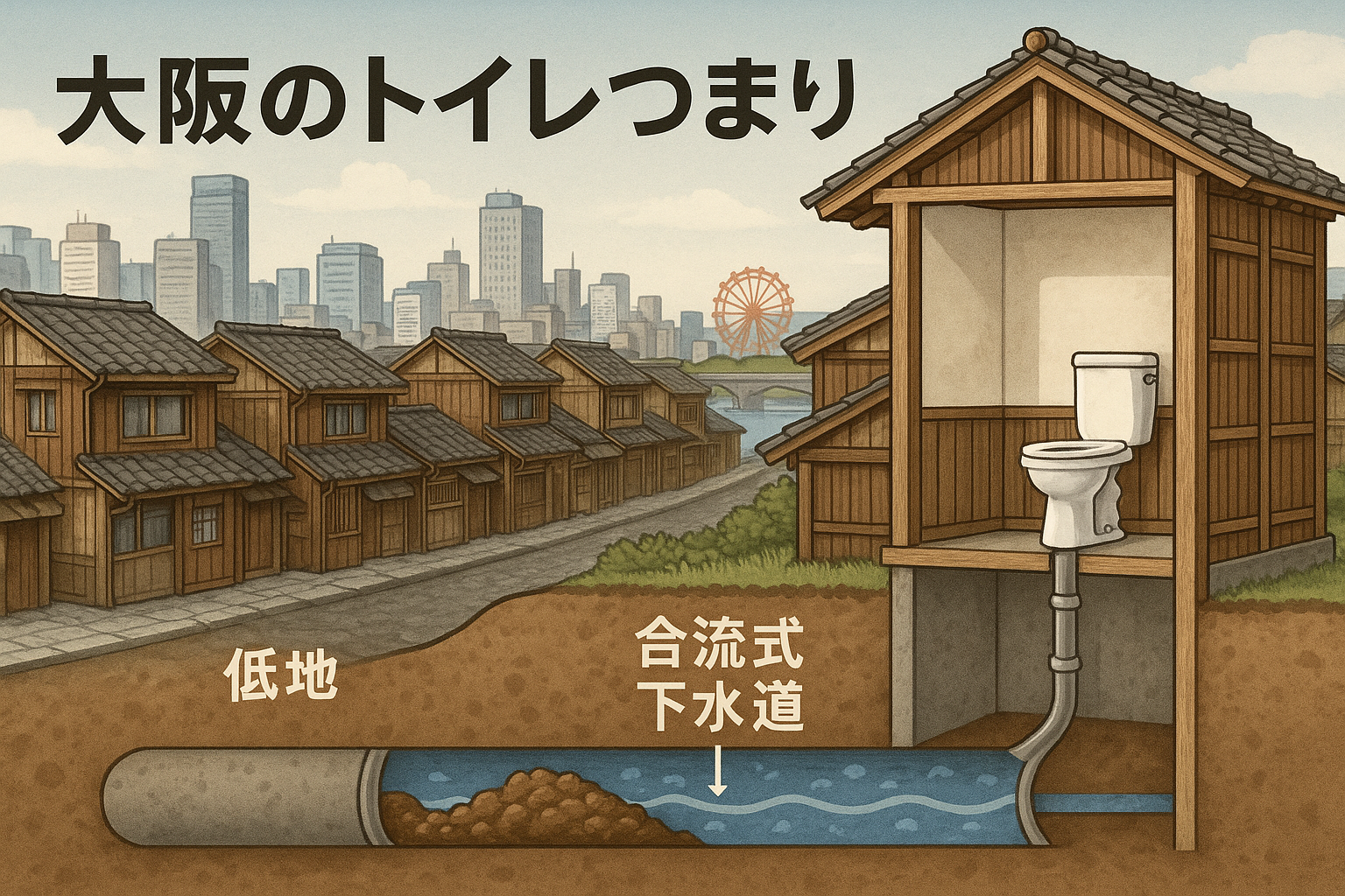 大阪のトイレつまり（トイレ詰まり）は「低地＋合流式下水道＋木造密集地＋古い縦配管」が重なりやすい