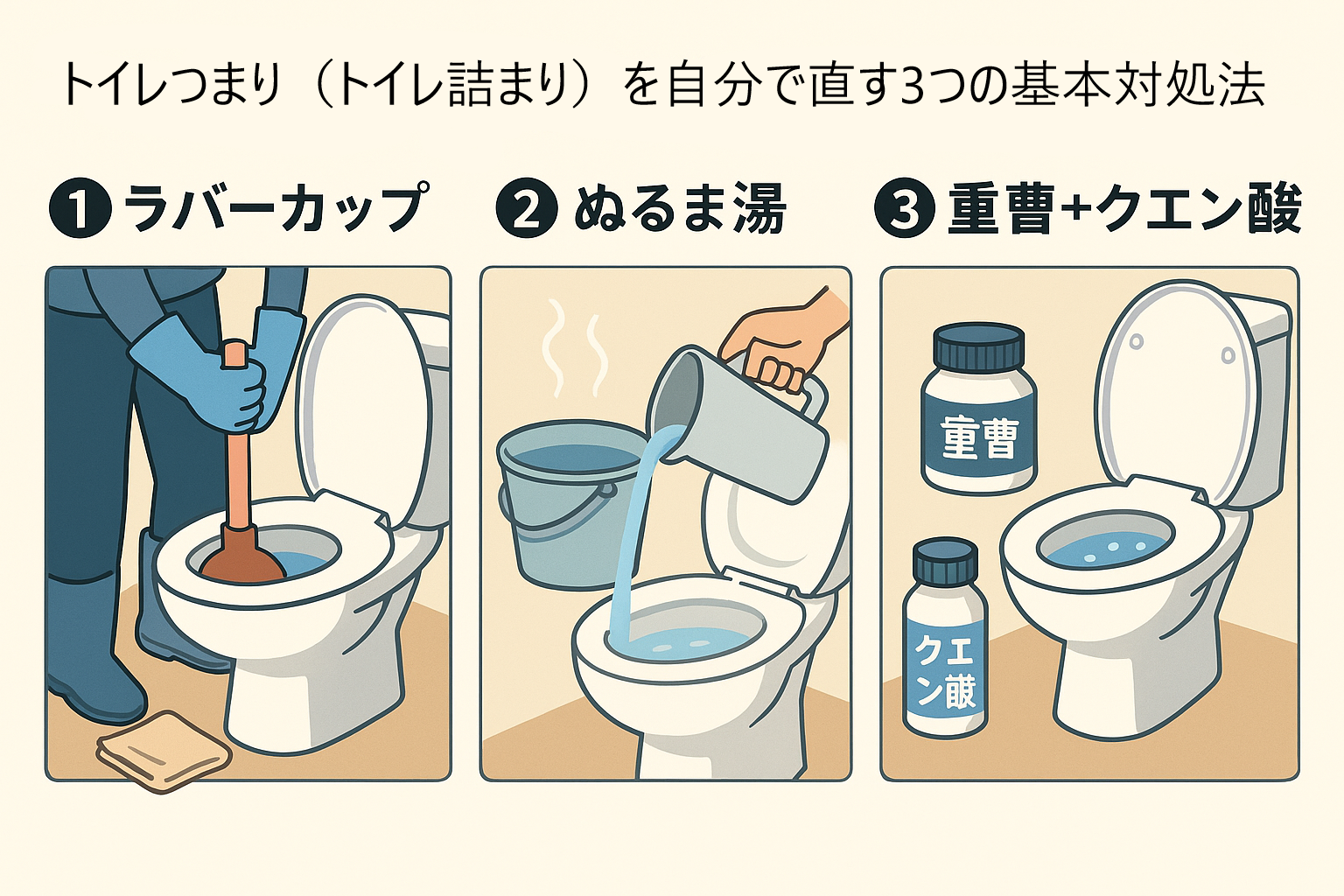 トイレつまり（トイレ詰まり）を自分で直す3つの基本対処法