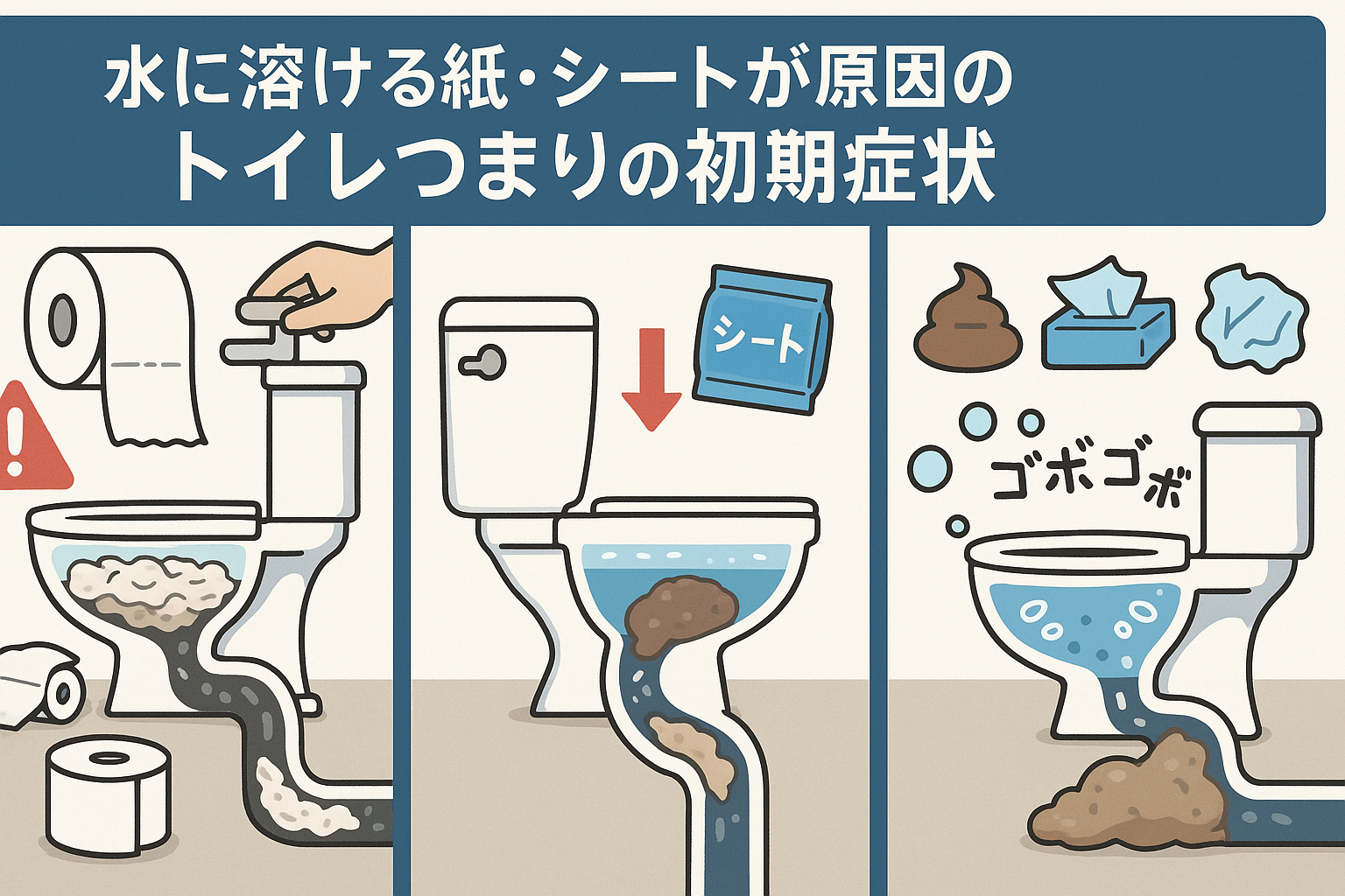 水に溶ける紙・シートが原因のトイレつまり（トイレ詰まり）の初期症状