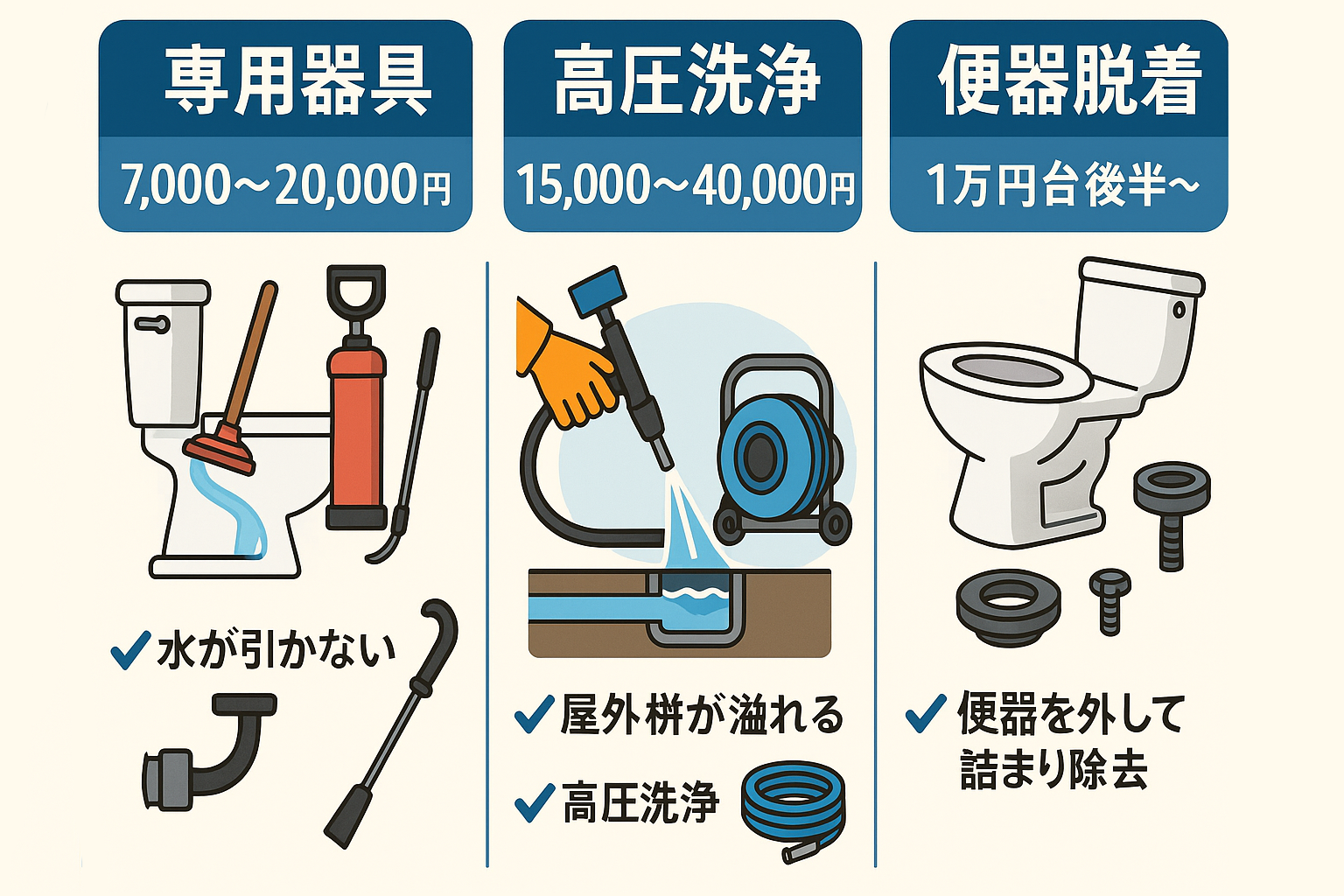 トイレつまり修理費用の目安（作業別のチェックリスト）