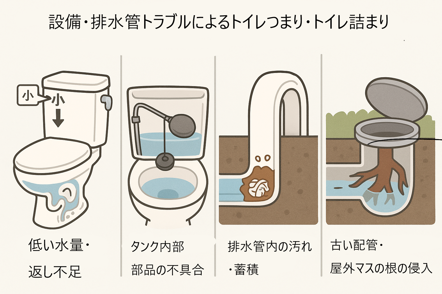 少しずつ流れる原因③｜設備・排水管トラブルによるトイレつまり・トイレ詰まり