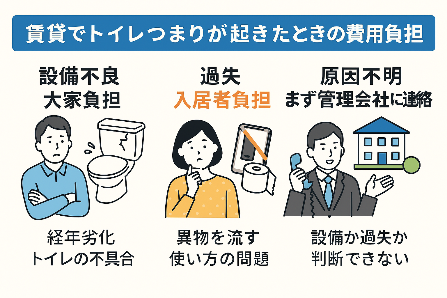 賃貸でトイレつまり（トイレ詰まり）が起きたときの費用負担の基本ルール