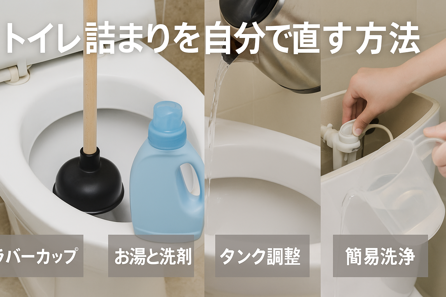 自分でできる対処法：ラバーカップ／お湯＋洗剤／タンク調整／簡易洗浄など
