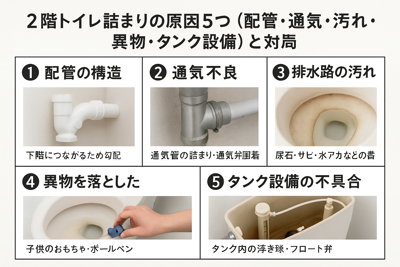 原因①〜⑤：2階特有で起きやすいトラブル（配管・通気・汚れ・異物・設備）