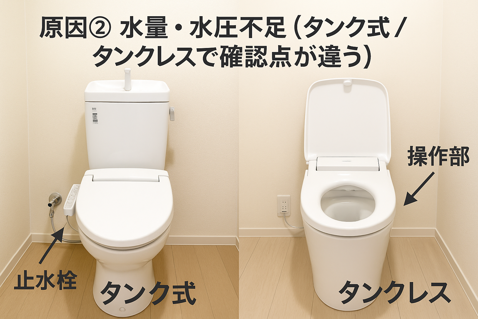 原因② 水量・水圧不足（タンク式／タンクレスで確認点が違う）