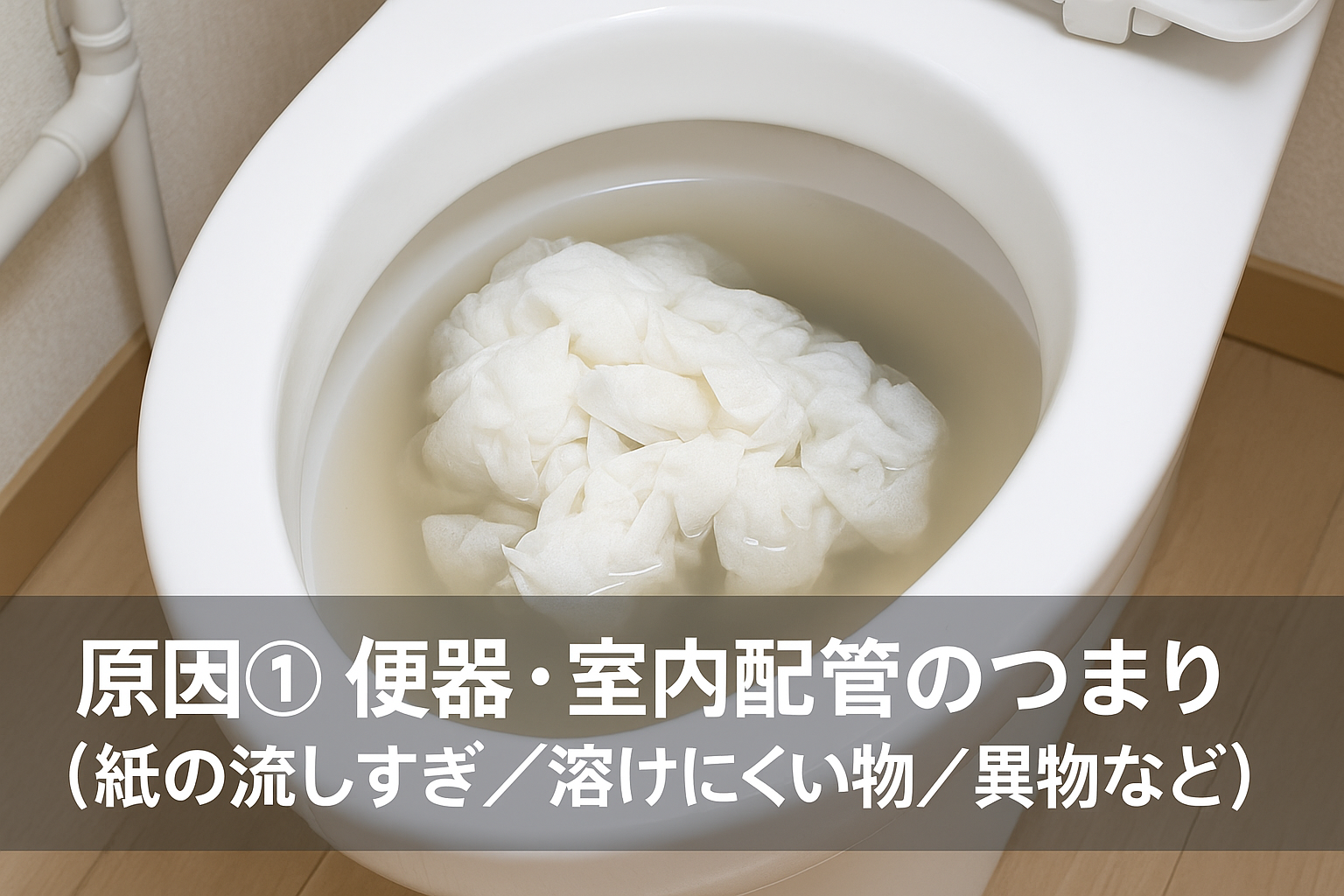 原因① 便器・室内配管のつまり（紙の流しすぎ／溶けにくい物／異物など）
