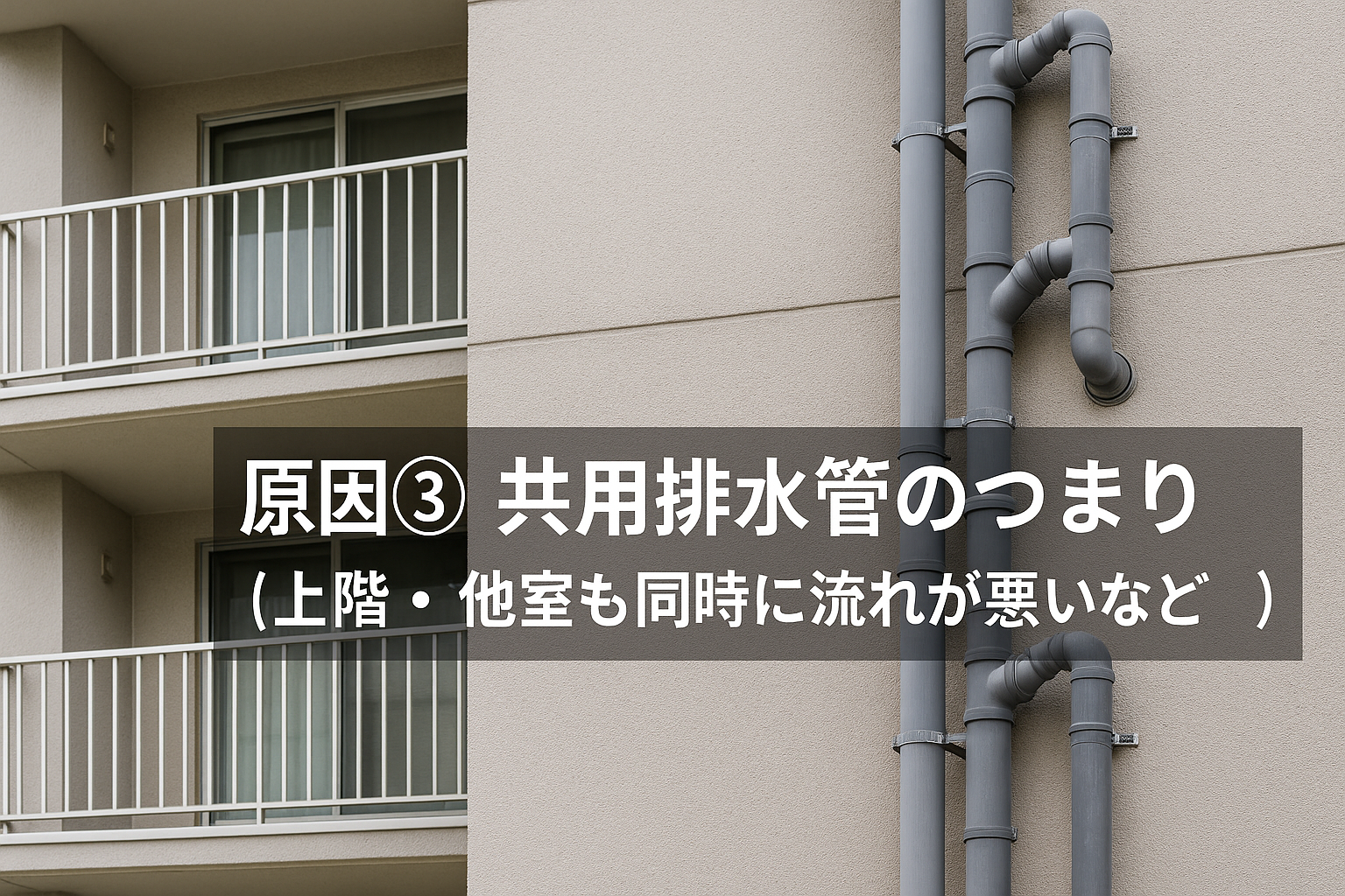 原因③ 共用排水管のつまり（上階・他室も同時に流れが悪い等）
