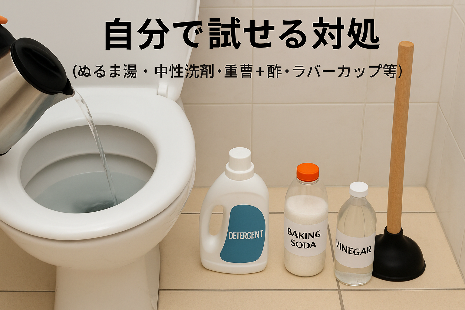 自分で試せる対処（ぬるま湯・中性洗剤・重曹＋酢・ラバーカップ等）