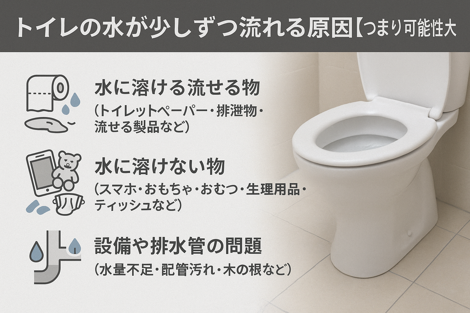 トイレの水が少しずつしか流れない原因【トイレつまり（トイレ詰まり）の前兆サイン】