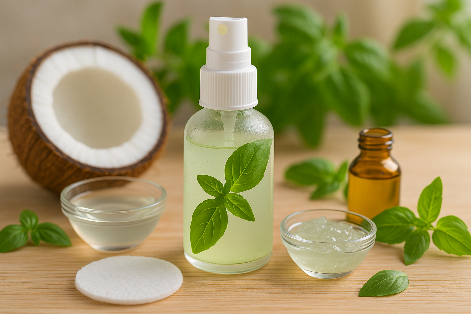 Image recette Lotion Visage Énergisante à l'Eau de Coco et Basilic