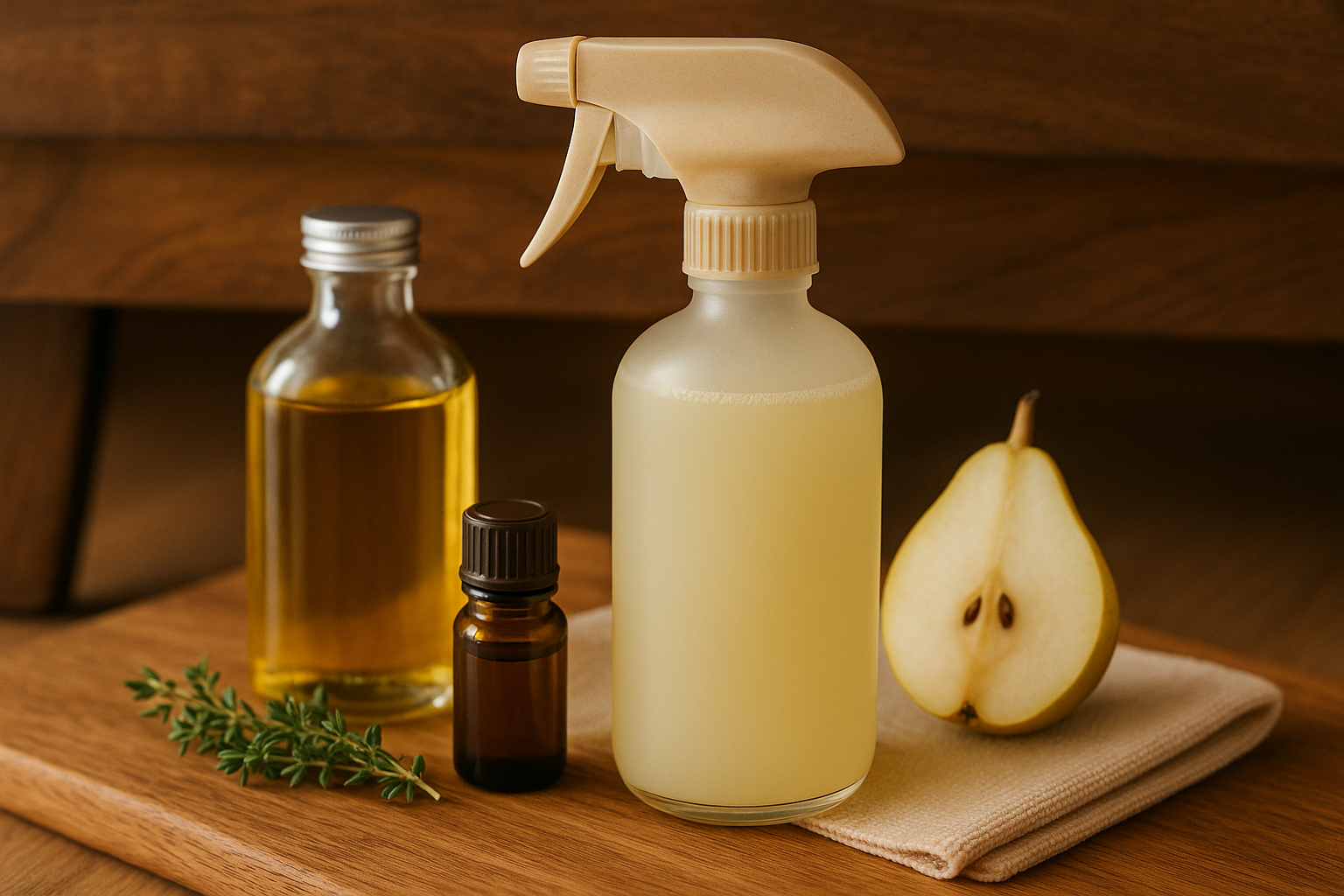 Image recette Bois Précieux : Nettoyant Meuble DIY au Thym Citron et Essence de Poire