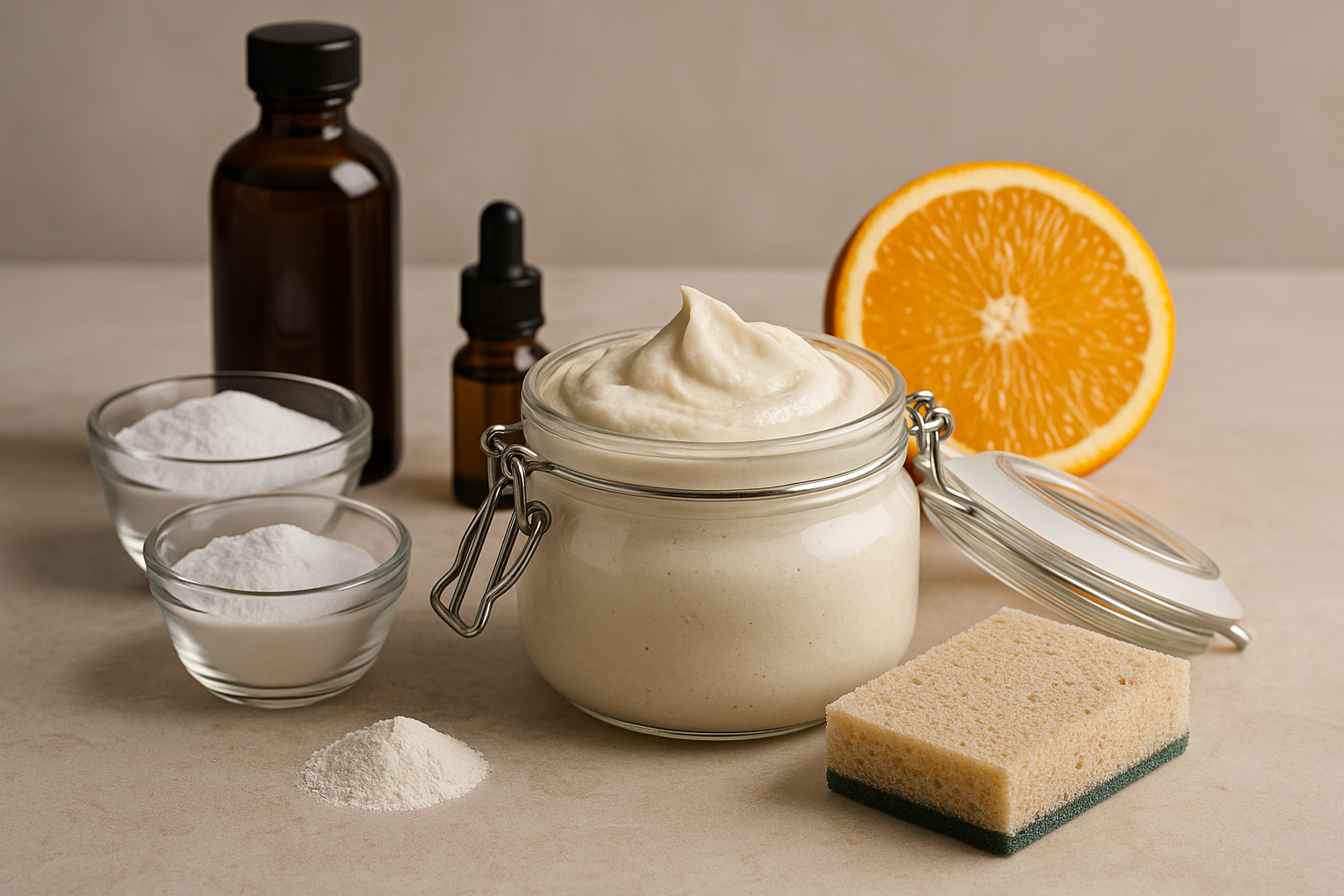 Image recette Pâte Nettoyante Salle de Bain à l'Orange Douce et Argile Blanc...