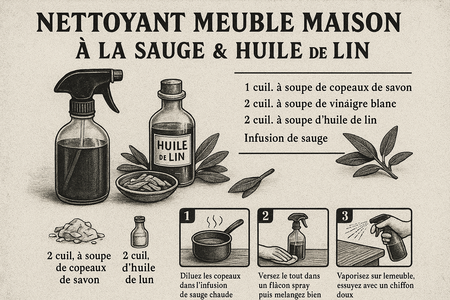 Image recette Nettoyant Meuble Maison à la Sauge & Huile de Lin