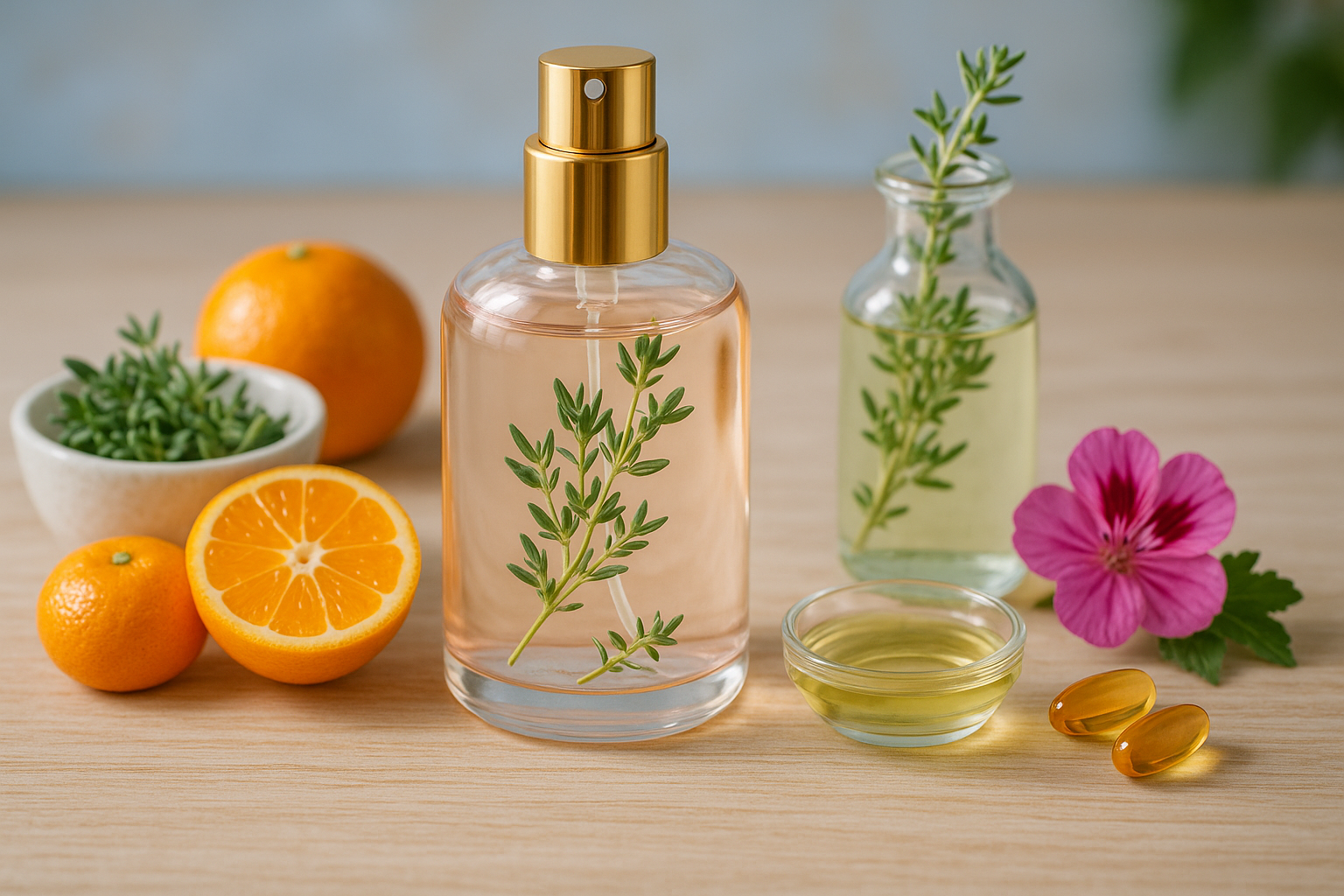 Première image de la recette Eau de Toilette Maison Rosée de Mandarine & Thym Argenté : Fraîcheur Revitalisante DIY