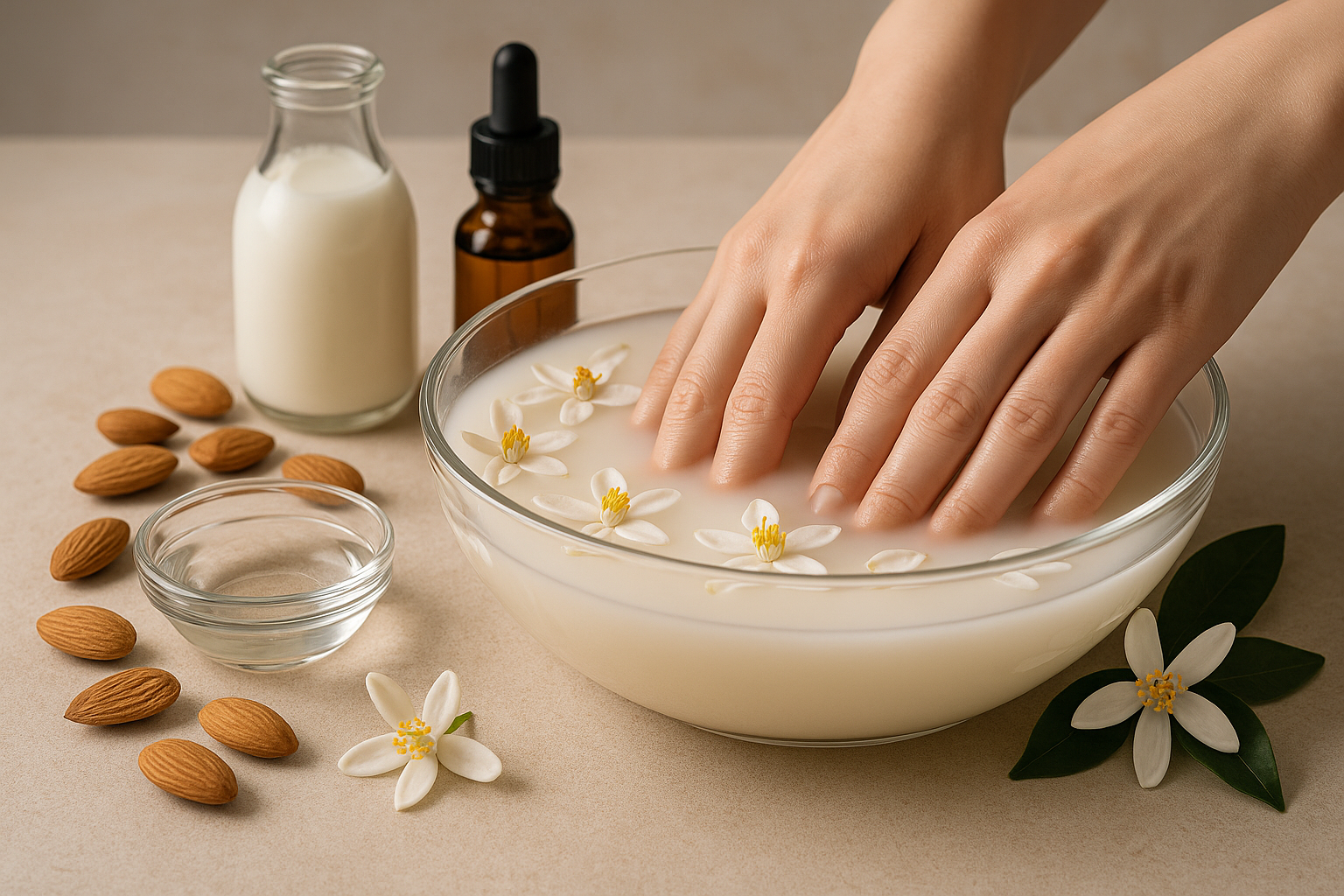 Image recette Soin Mains Maison : Bain Velours au Lait d'Amande et à la Fleur d'Oranger