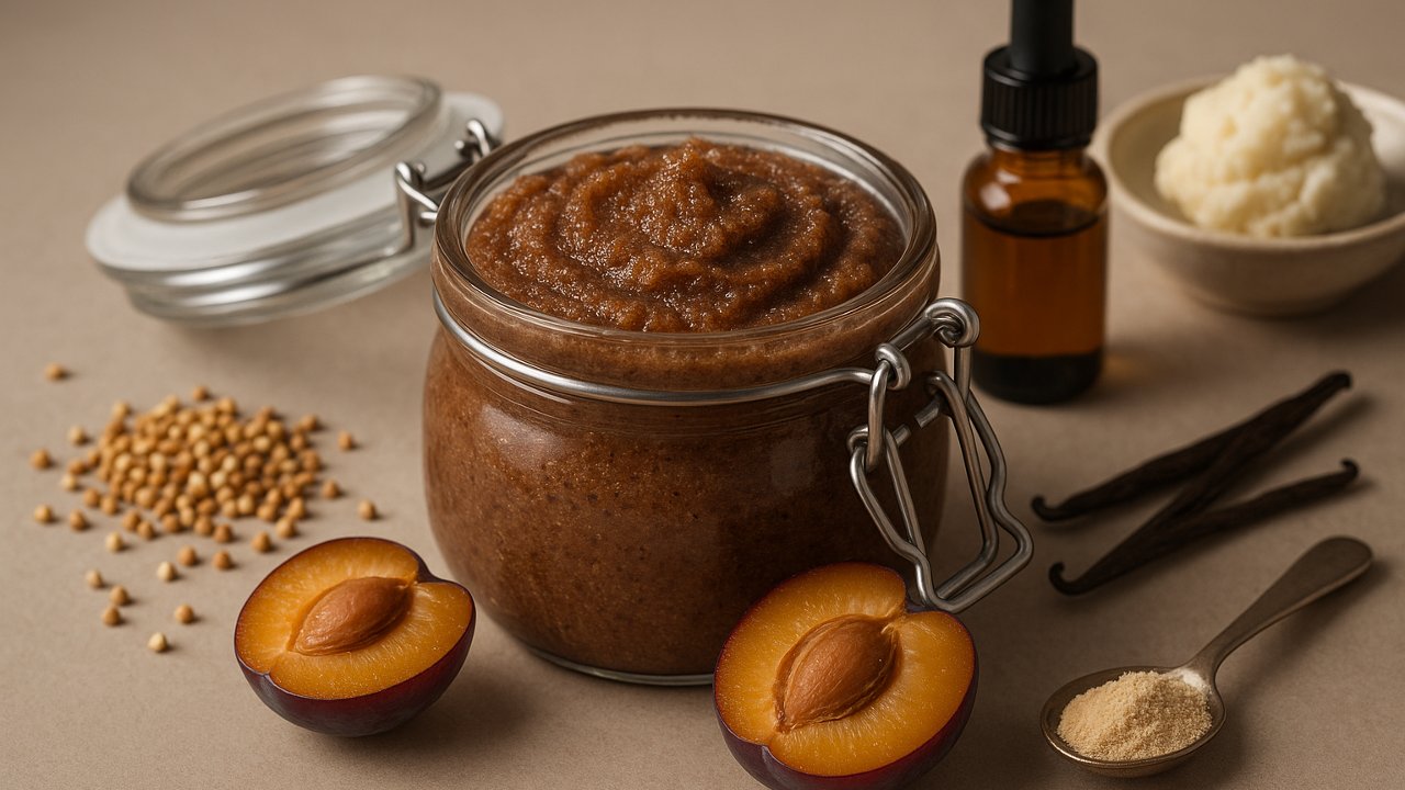 Image recette Exfoliant Corps Velours au Sarrasin Grillé, Prune et Vanille