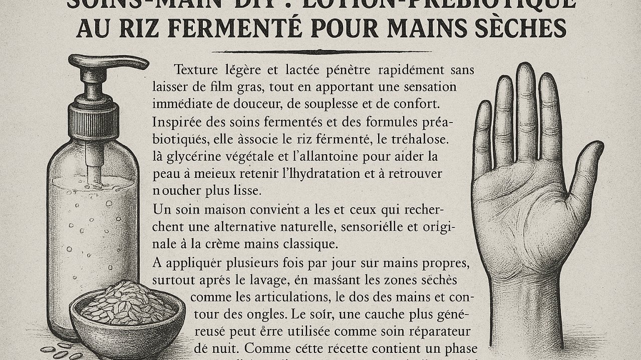 Image recette Soin Main DIY : Lotion-Cocon Prébiotique au Riz Fermenté pour Mains Sèches