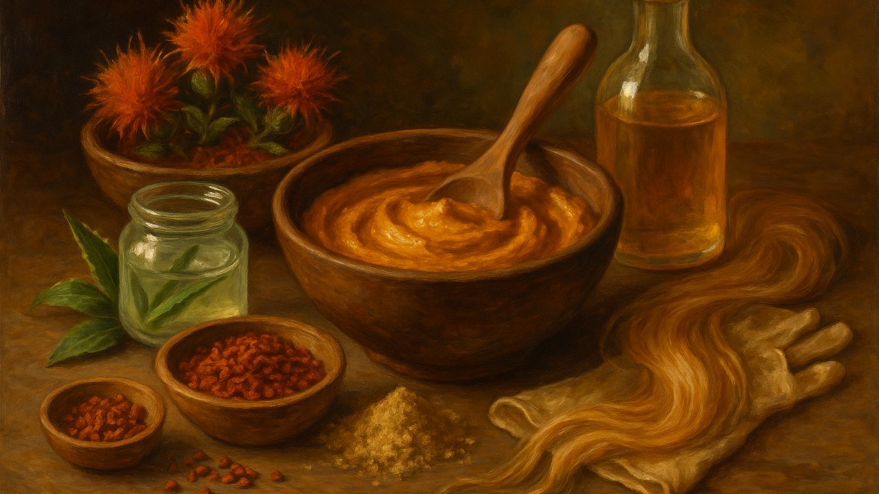 Image recette Reflets Abricot Doré : Coloration Végétale Maison au Roucou et Carthame pour Cheveux Clairs