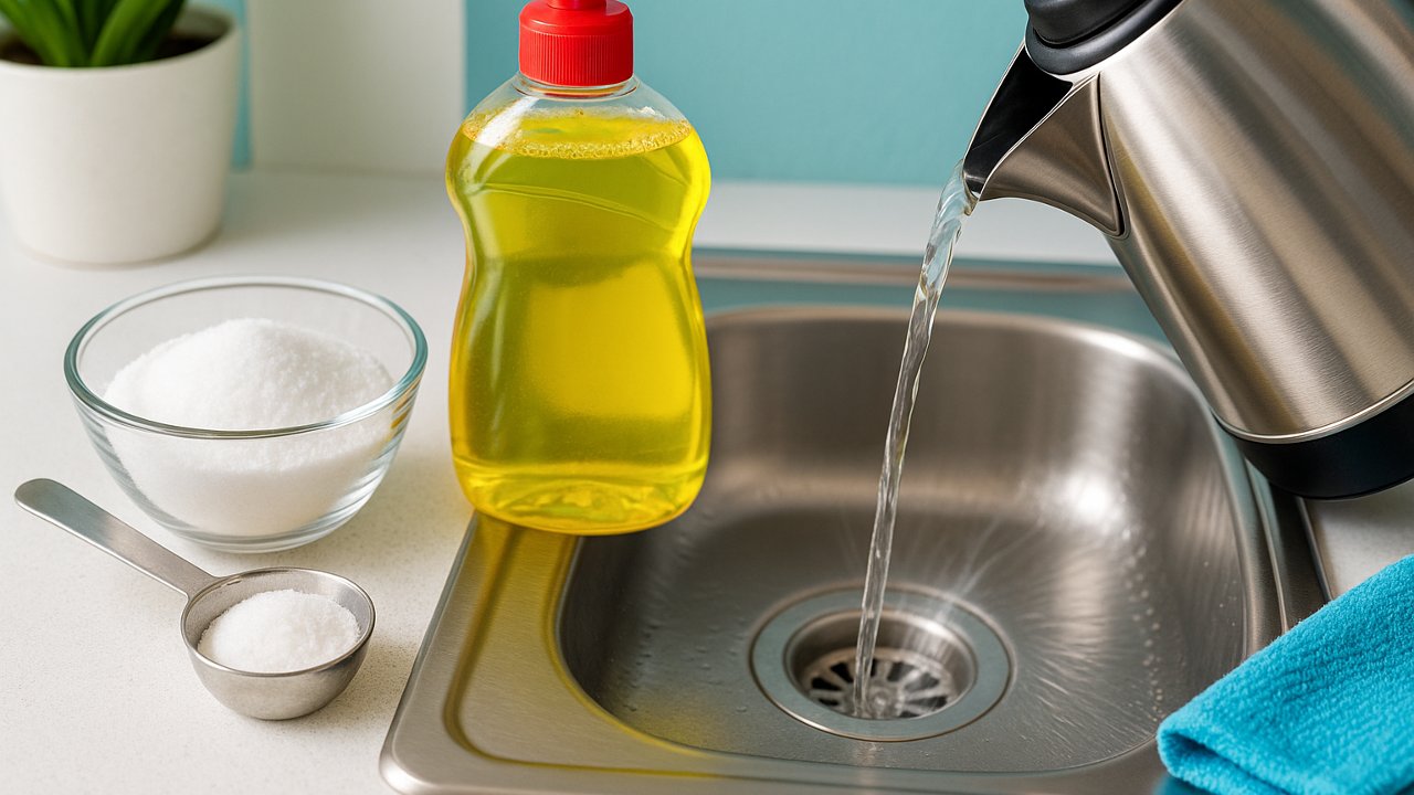 Image recette Déboucheur ThermoGlisse maison au sel fin et liquide vaisselle pour canalisations lentes