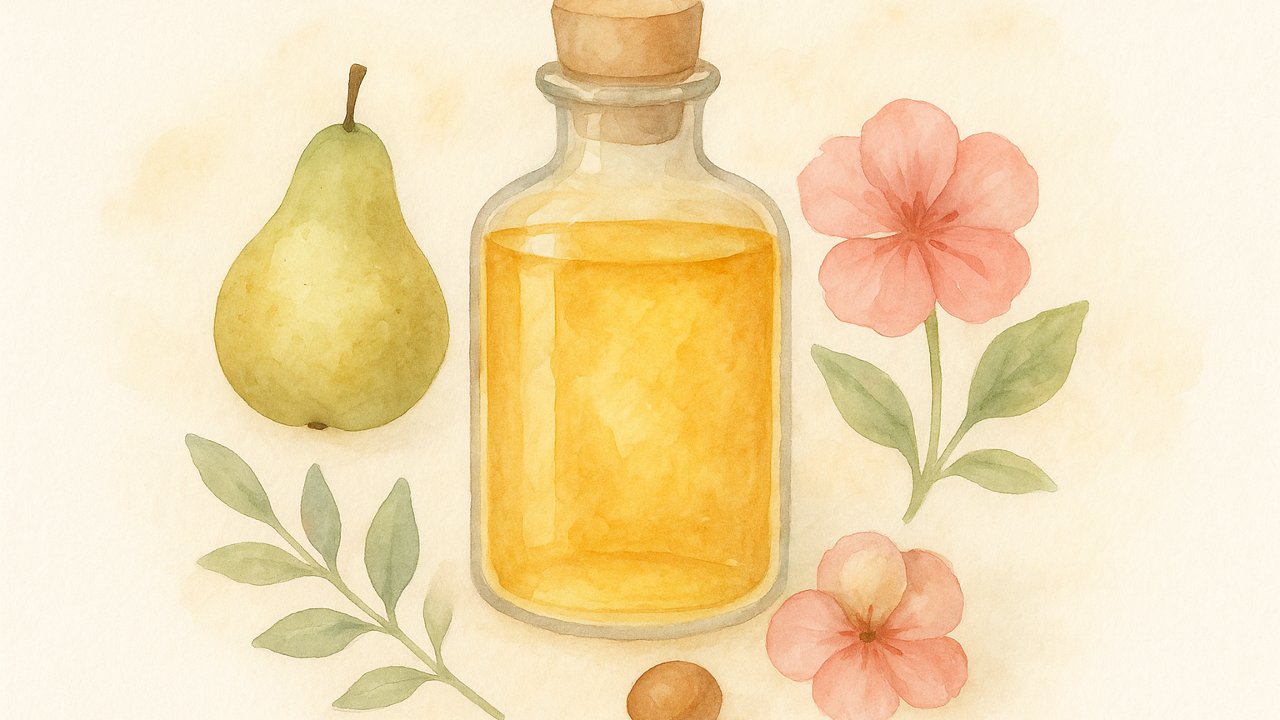 Première image de la recette Huile de Bain Satinée au Camélia, Poire Fondante et Géranium Rosat