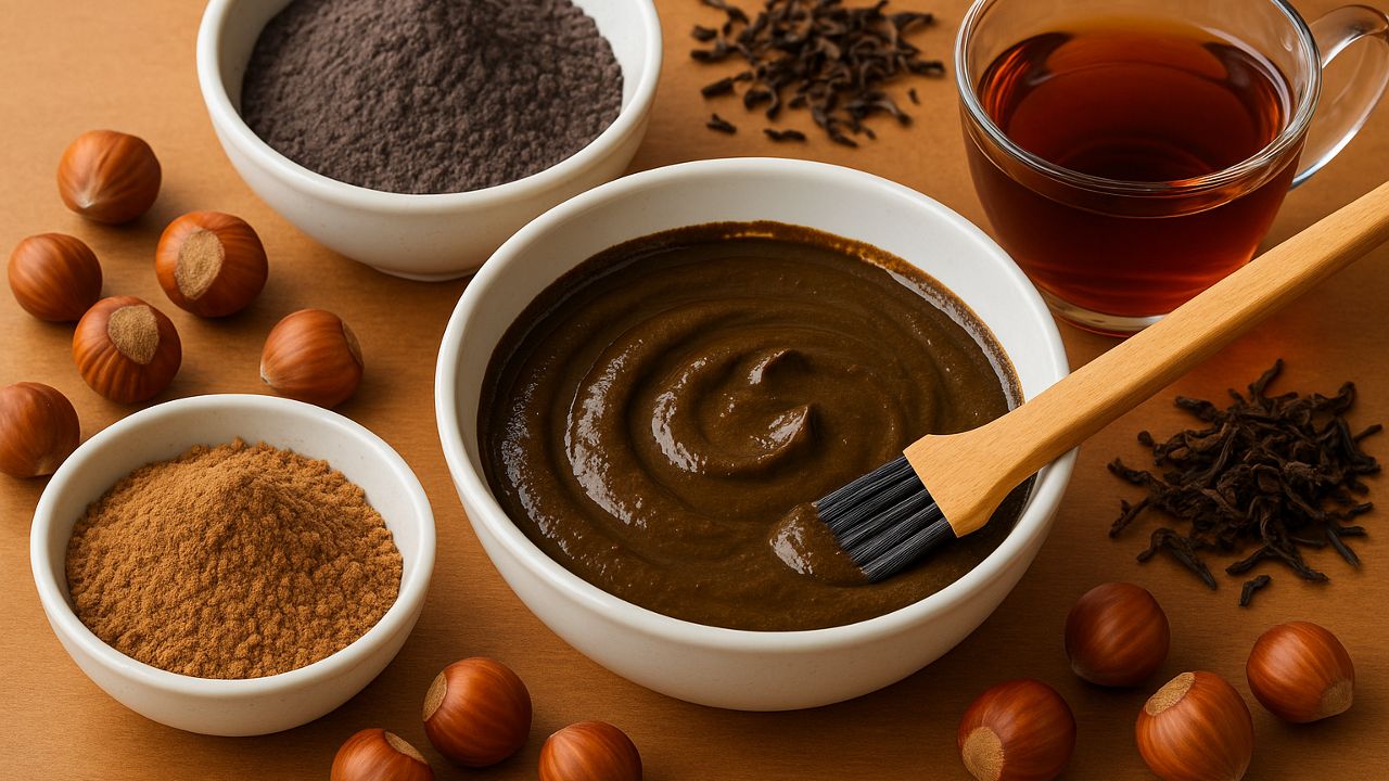 Première image de la recette Coloration Végétale Moka Noisette au Katam, Caroube et Thé Pu-erh
