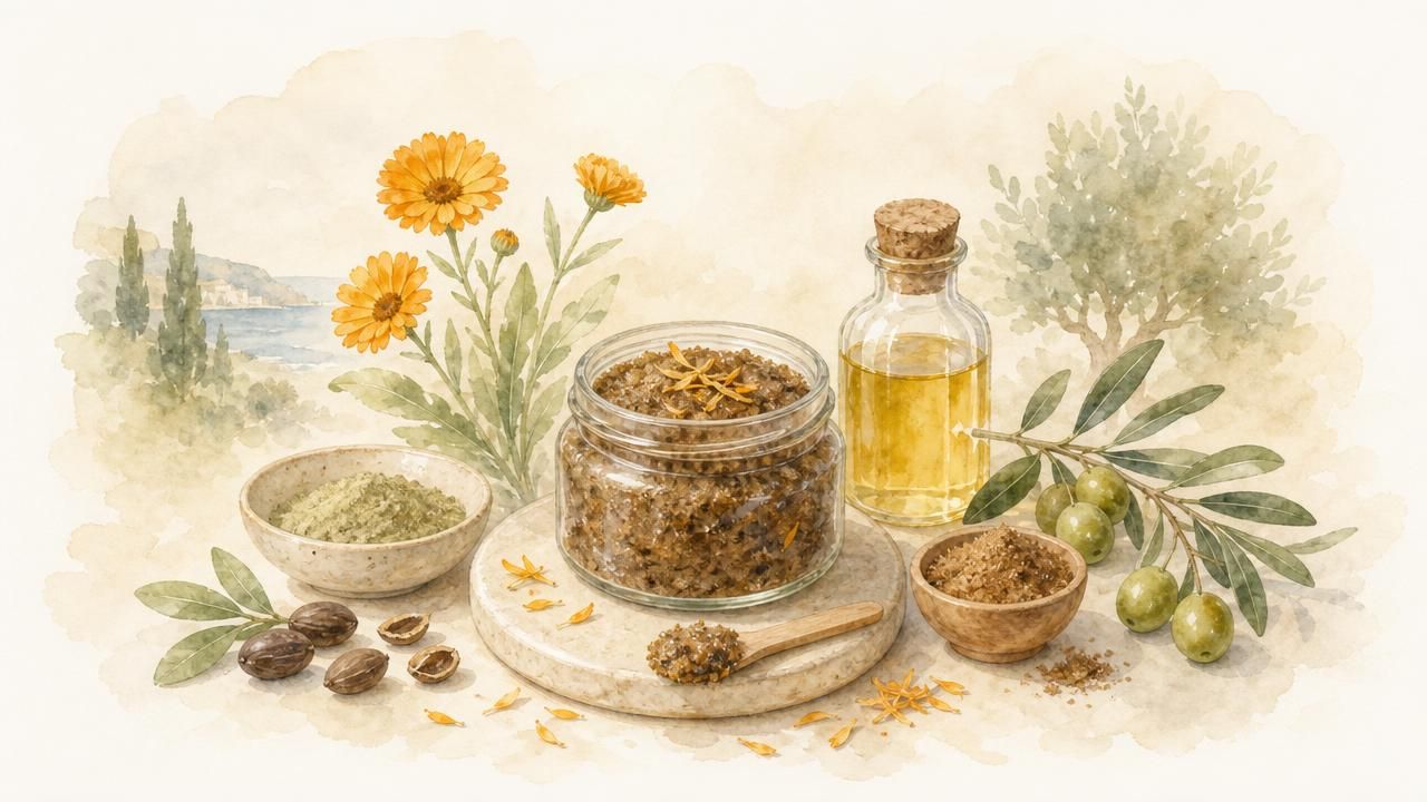Première image de la recette Exfoliant Corps Méditerranéen aux Noyaux d’Olive, Calendula et Sucre de Coco