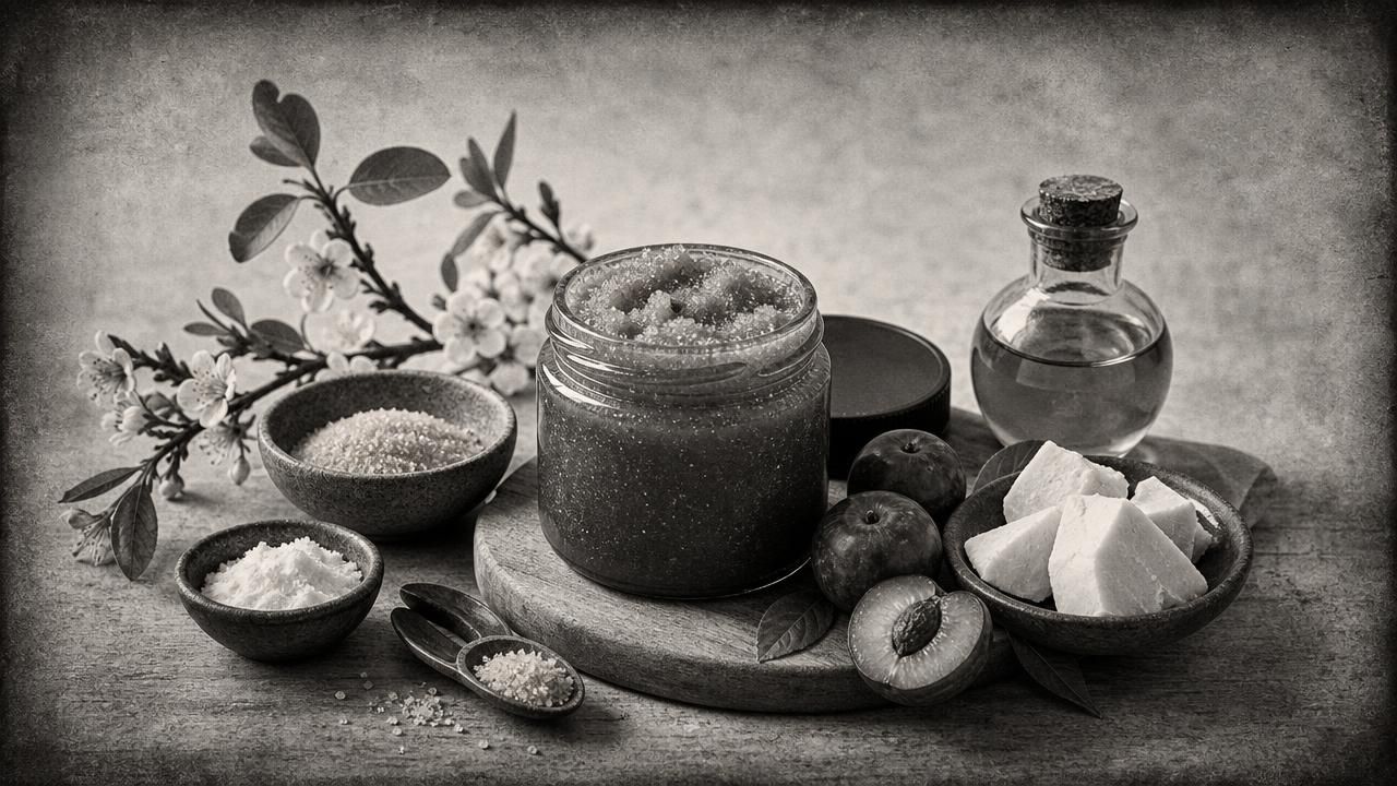Première image de la recette Gommage Corps Fondant au Sucre d’Érable, Beurre de Cacao et Huile de Prune